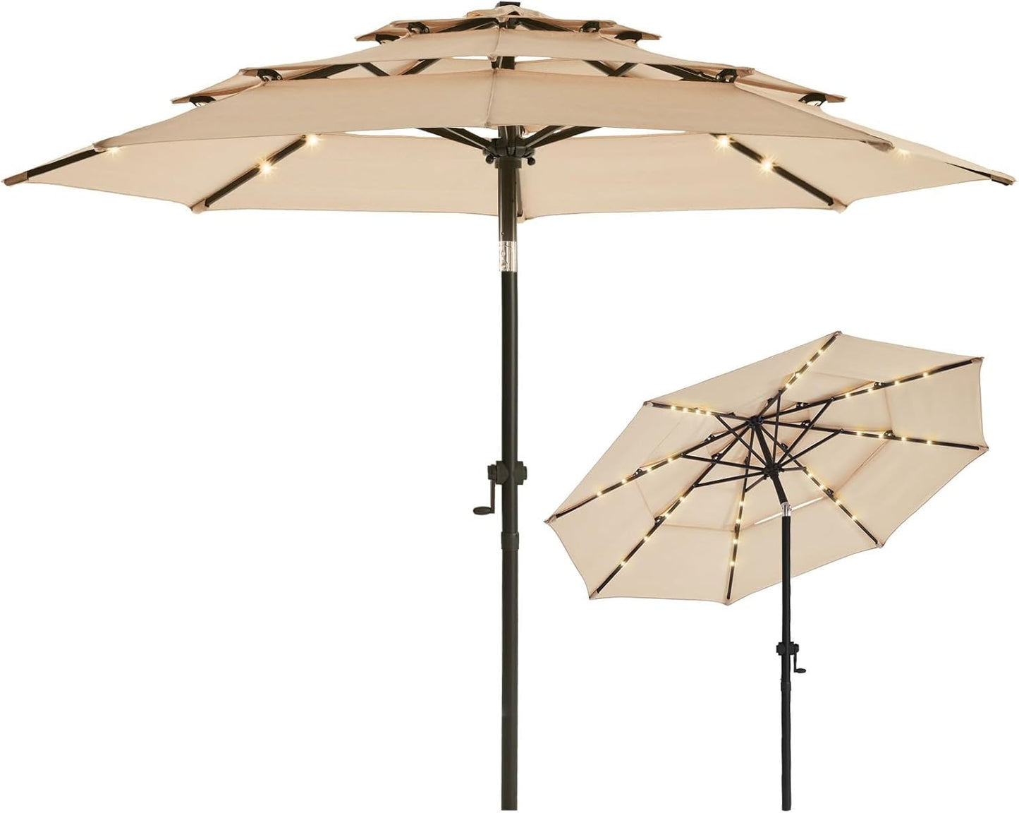 wikiwiki 9FT 3Tiers Solar LED Patio Umbrella with Base, Sturdy Outdoor Market Umbrella with Tilt, Crank and 32 LEDs for Terraces, Pool and Garden, Beige
