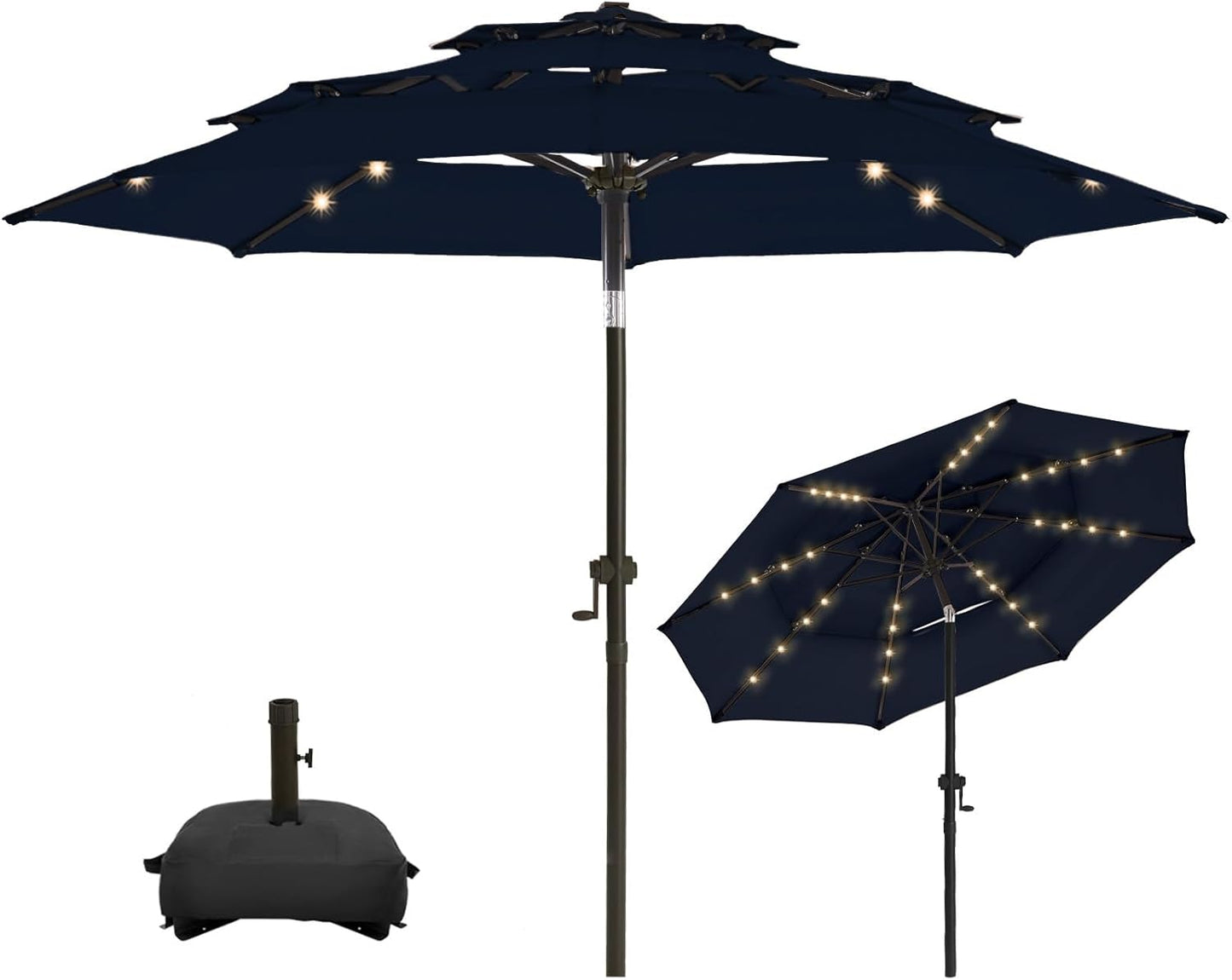 wikiwiki 10FT 3Tiers Solar LED Patio Umbrella with Base, Sturdy Outdoor Market Umbrella with Tilt, Crank and 32 LEDs for Terraces, Pool and Garden, Beige