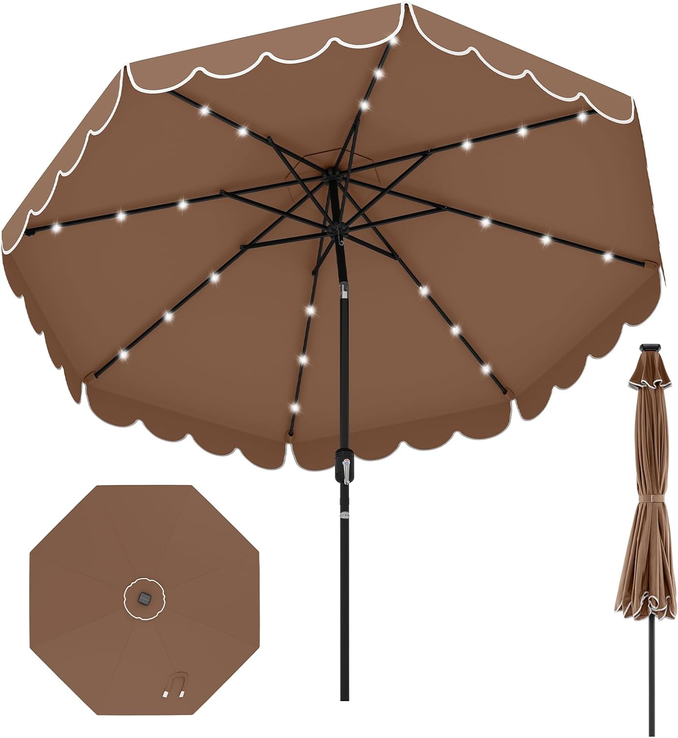 HAPPYGRILL 9 FT Patio Umbrella Outdoor Market Sunshade w/Solar LED Lights, Ruffles, Vented Top, Tilt Adjustment & Built-in Crank, Parasol Canopy for Backyard Poolside Deck Beach Lawn