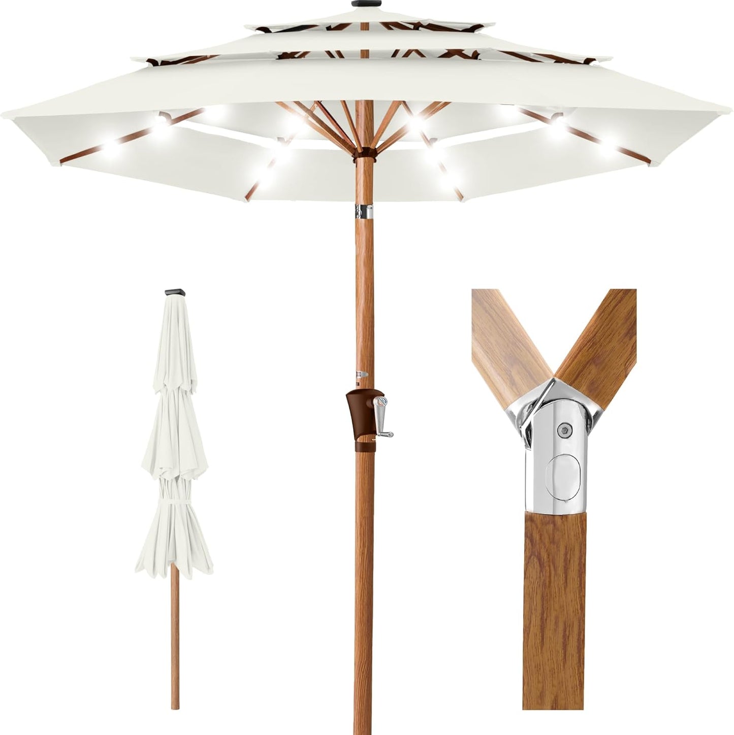 Best Choice Products 10ft 3-Tier Solar Patio Umbrella, Outdoor Market Sun Shade for Backyard, Deck, Poolside w/ 24 LED Lights, Tilt Adjustment, Easy Crank, 8 Ribs - Gray