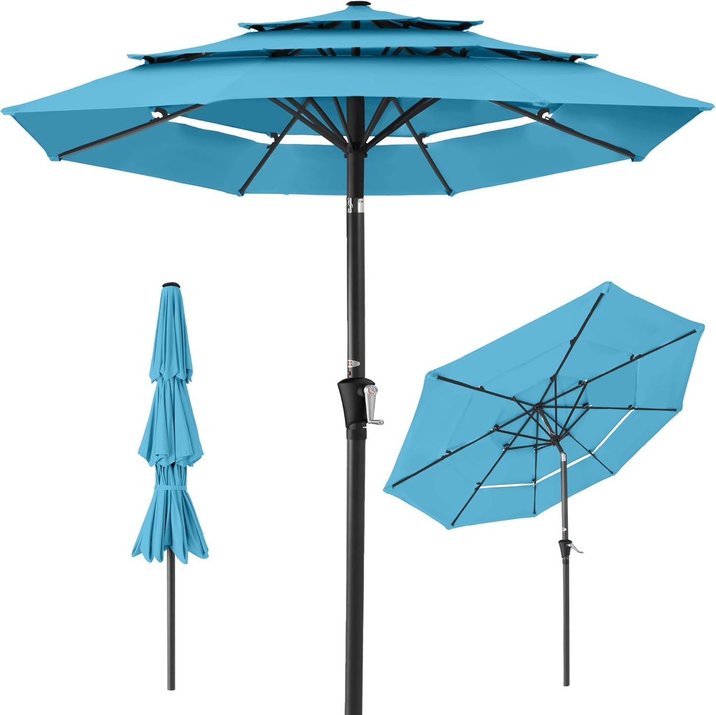 Best Choice Products 10ft 3-Tier Solar Patio Umbrella, Outdoor Market Sun Shade for Backyard, Deck, Poolside w/ 24 LED Lights, Tilt Adjustment, Easy Crank, 8 Ribs - Gray