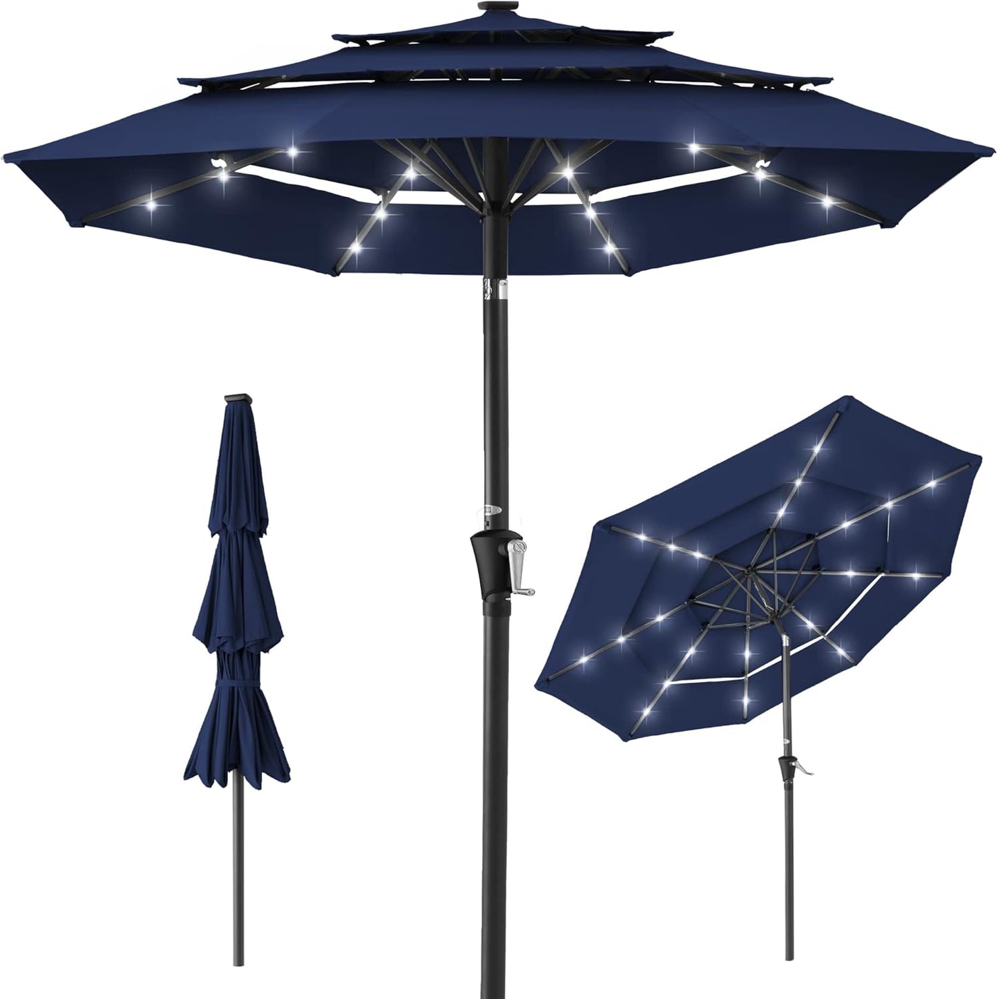 Best Choice Products 10ft 3-Tier Solar Patio Umbrella, Outdoor Market Sun Shade for Backyard, Deck, Poolside w/ 24 LED Lights, Tilt Adjustment, Easy Crank, 8 Ribs - Gray
