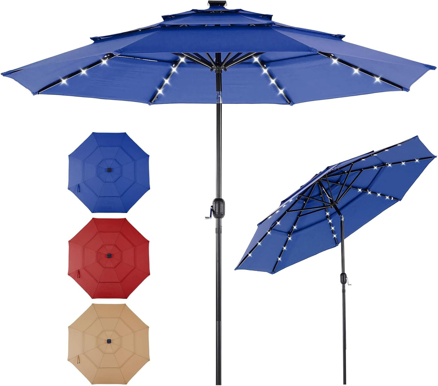 SMUG 10FT 3-Tier Solar Patio Umbrella with 32 LED Lights, Outdoor Umbrellas with Push Button Tilt and Crank, Tilting Table Umbrella with 8 Sturdy Ribs for Market, Beach, Pool, Garden, Deck, Backyard, Terrace, Restaurant, UV Protection, Red