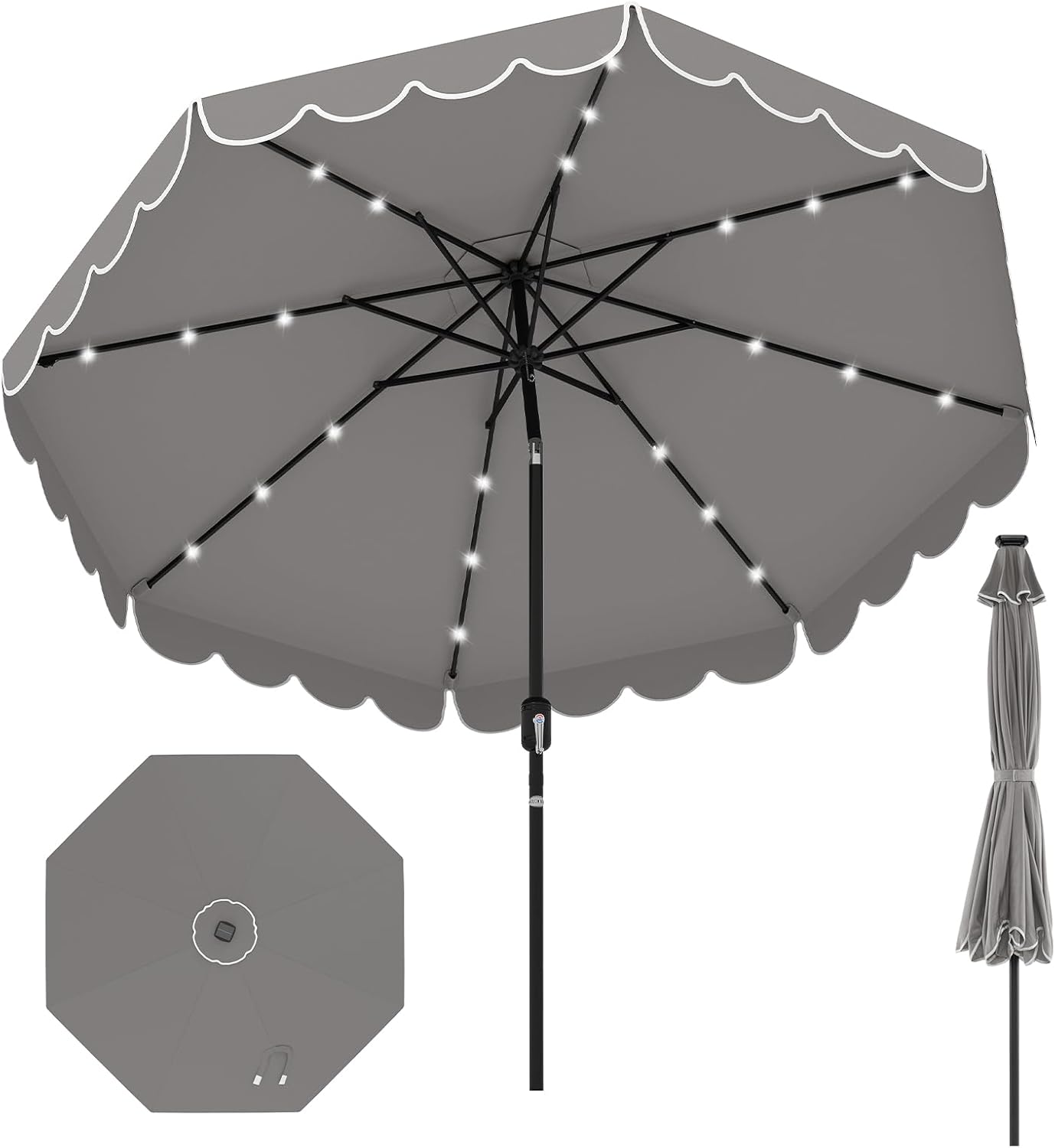 HAPPYGRILL 9 FT Patio Umbrella Outdoor Market Sunshade w/Solar LED Lights, Ruffles, Vented Top, Tilt Adjustment & Built-in Crank, Parasol Canopy for Backyard Poolside Deck Beach Lawn