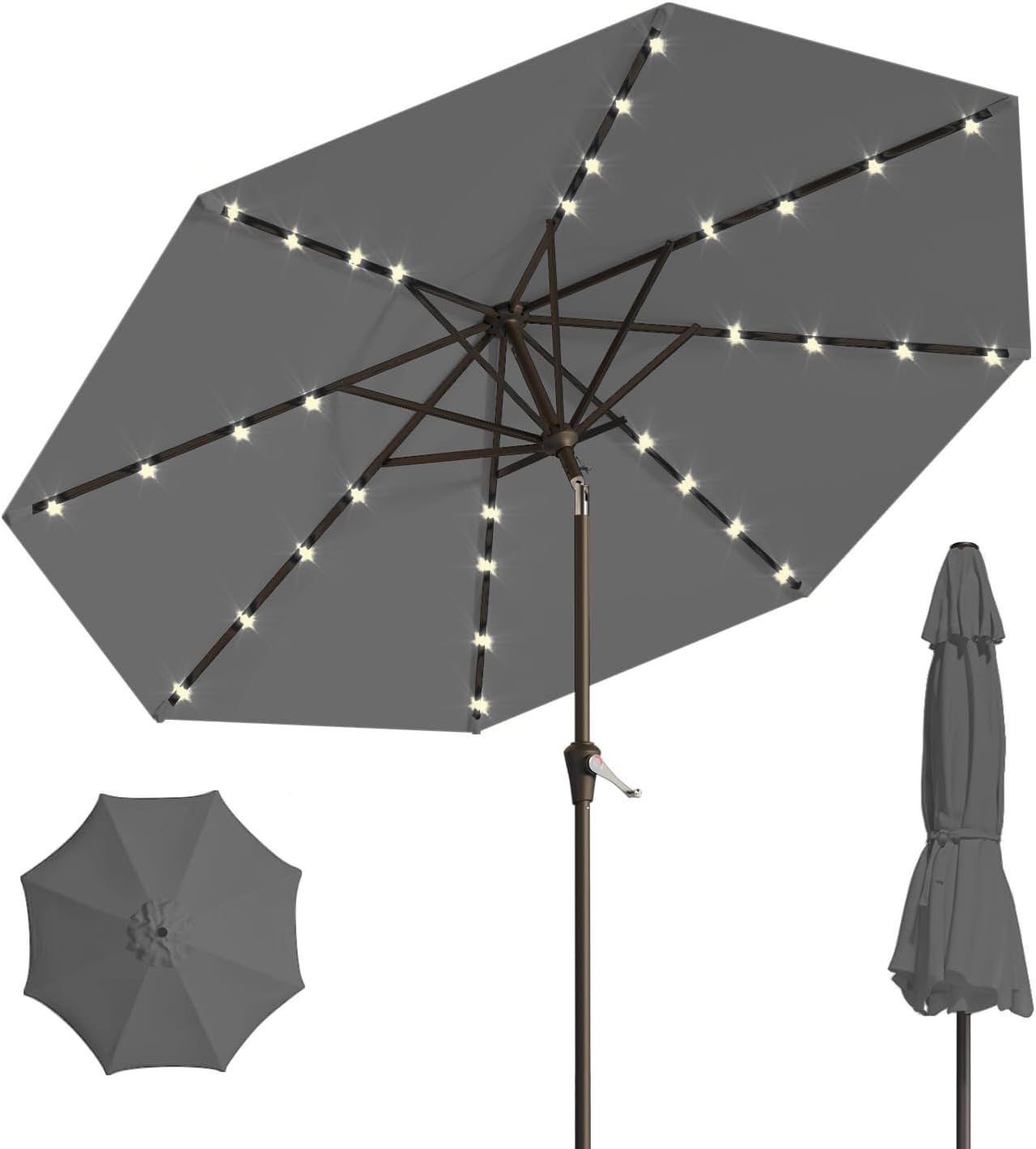 10FT Solar Umbrella 32 LED Lighted Patio Umbrella Table Market Umbrella w/Tilt and Crank, UV-Resistant Outdoor Umbrella for Pool, Garden, Deck, Beige