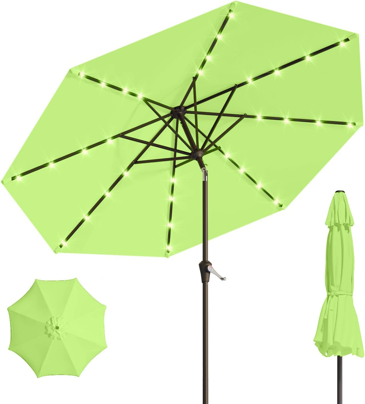 10FT Solar Umbrella 32 LED Lighted Patio Umbrella Table Market Umbrella w/Tilt and Crank, UV-Resistant Outdoor Umbrella for Pool, Garden, Deck, Beige