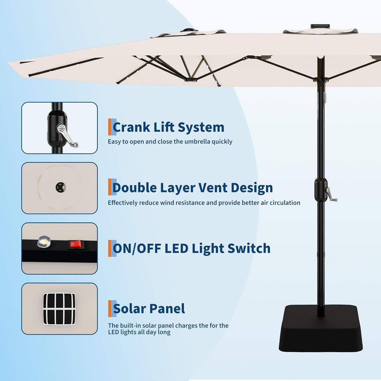 15FT Rectangular Patio Umbrella With Solar Lights & Base Included - Large Patio Umbrella With Crank Handle, UV Protection for Outdoor Market, Lawn, Backyard, Pool