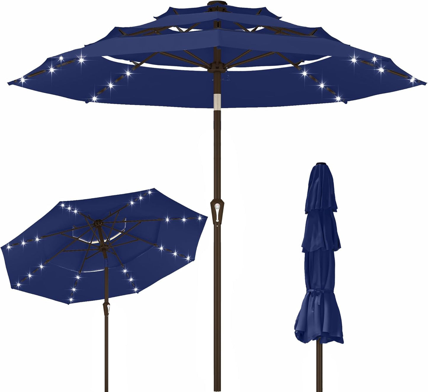 Kingdura 10ft 3-Tier Patio Umbrella with Solar Lights, Table Umbrella Outdoor Patio with Easy Crank & Tilt, 8 Sturdy Ribs, UV Protection, 32 LED Lights for Deck, Poolside, Market (Beige)