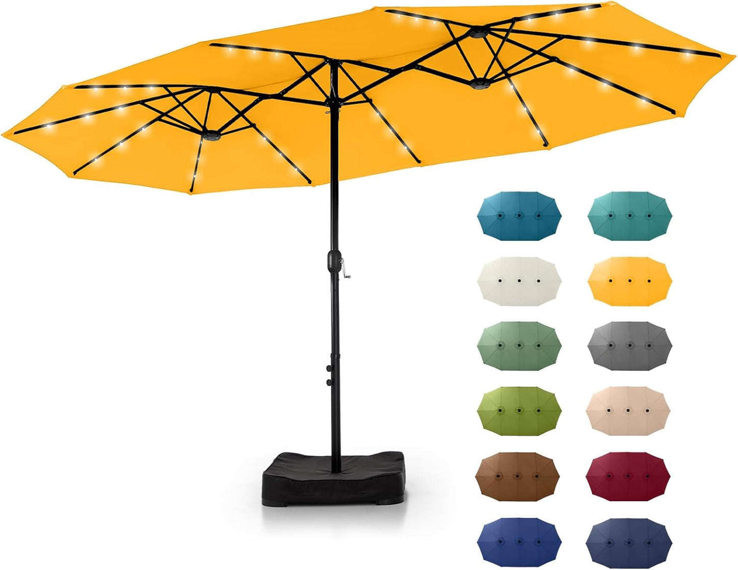 GREEN PARTY 15 ft Rectangle Patio Umbrella with Solar Lights and Base Included, Double-Sided Market Table Umbrella with Crank, Large Outdoor Umbrellas for Patio Poolside Garden Backyard, Navy Blue
