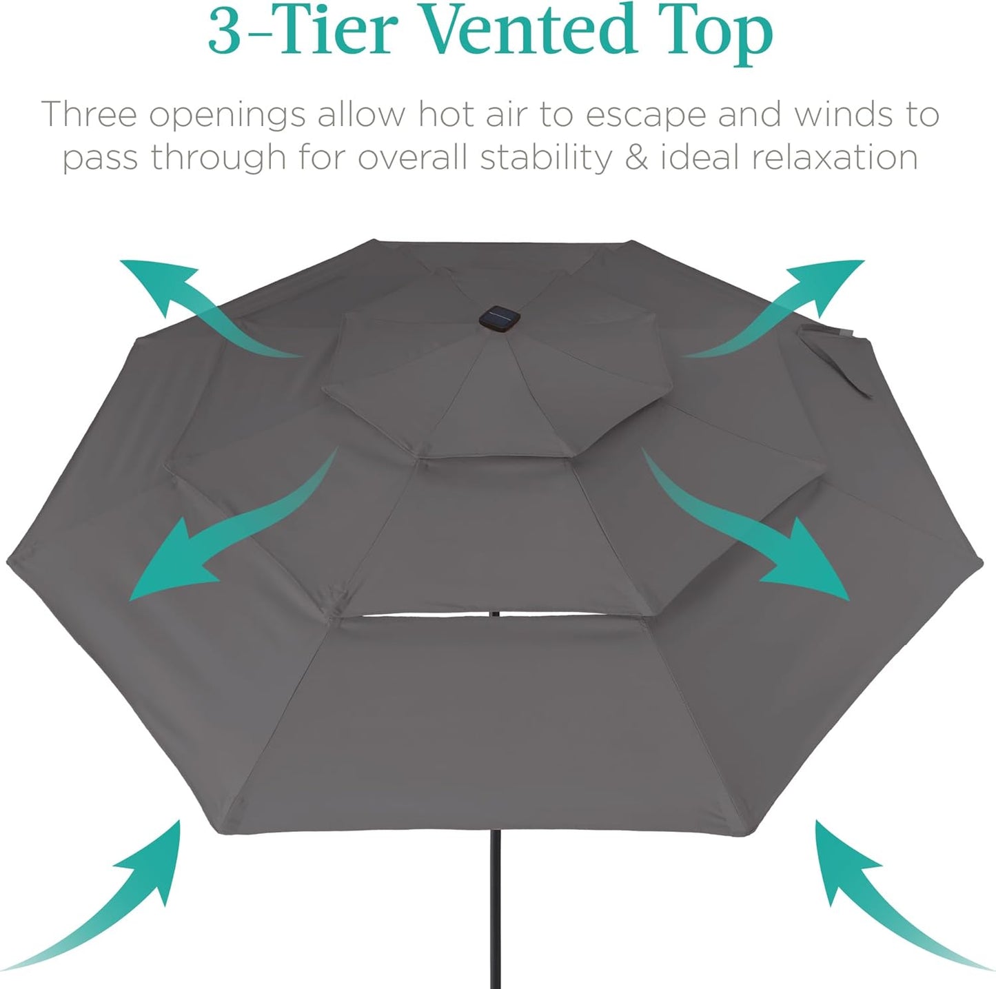 Best Choice Products 10ft 3-Tier Solar Patio Umbrella, Outdoor Market Sun Shade for Backyard, Deck, Poolside w/ 24 LED Lights, Tilt Adjustment, Easy Crank, 8 Ribs - Gray