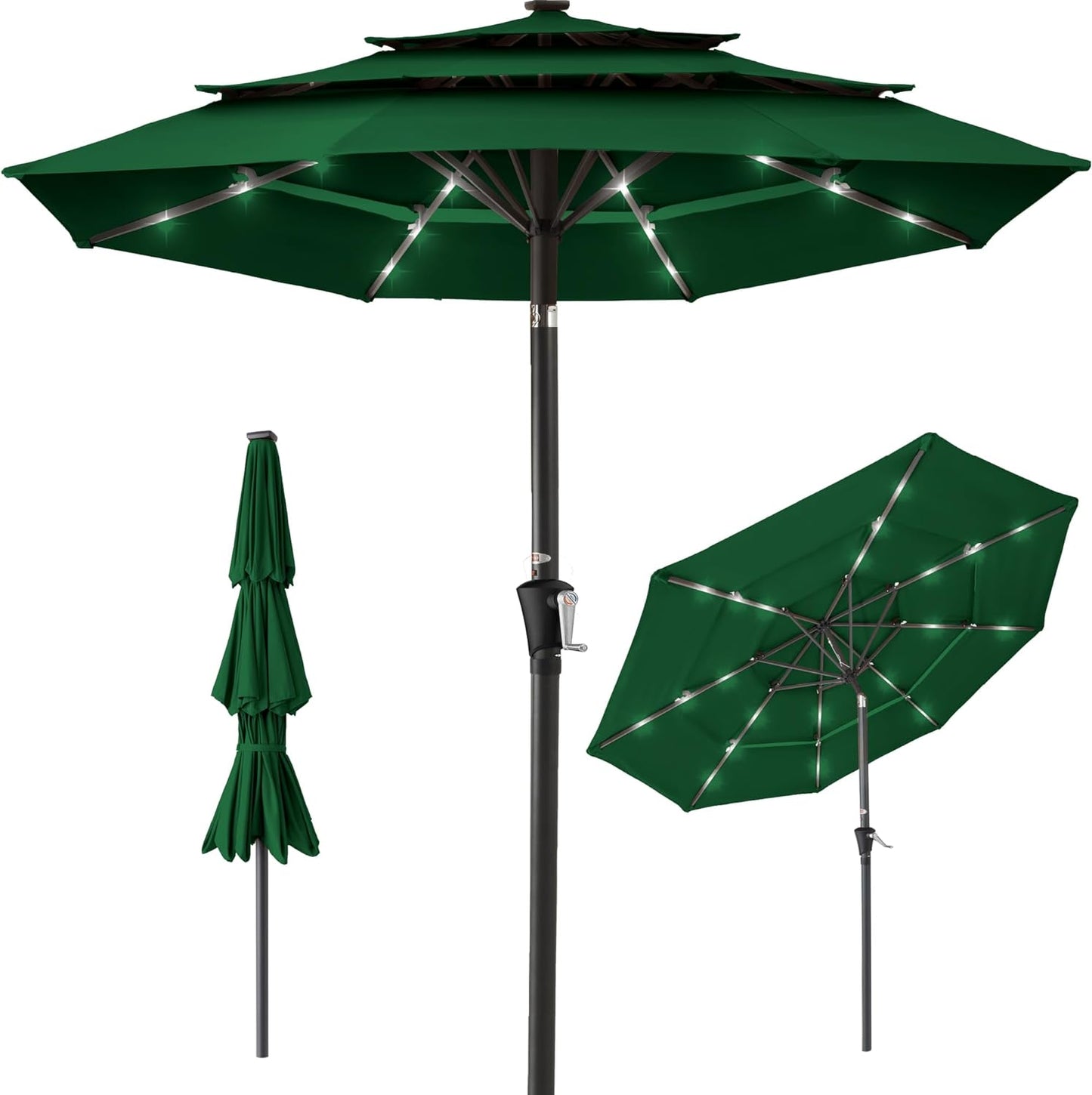Best Choice Products 10ft 3-Tier Solar Patio Umbrella, Outdoor Market Sun Shade for Backyard, Deck, Poolside w/ 24 LED Lights, Tilt Adjustment, Easy Crank, 8 Ribs - Gray