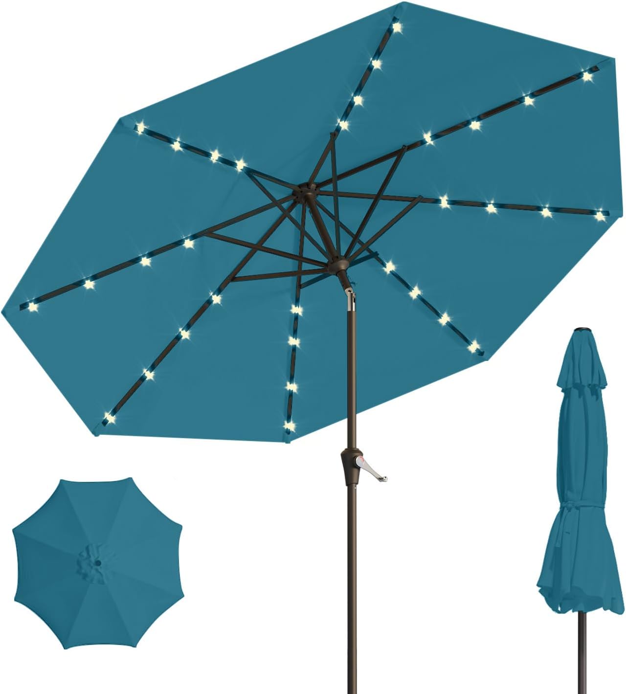 10FT Solar Umbrella 32 LED Lighted Patio Umbrella Table Market Umbrella w/Tilt and Crank, UV-Resistant Outdoor Umbrella for Pool, Garden, Deck, Beige