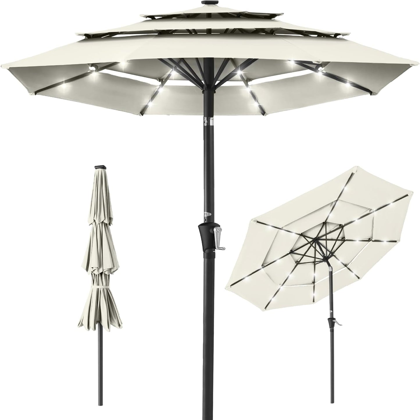 Best Choice Products 10ft 3-Tier Solar Patio Umbrella, Outdoor Market Sun Shade for Backyard, Deck, Poolside w/ 24 LED Lights, Tilt Adjustment, Easy Crank, 8 Ribs - Gray