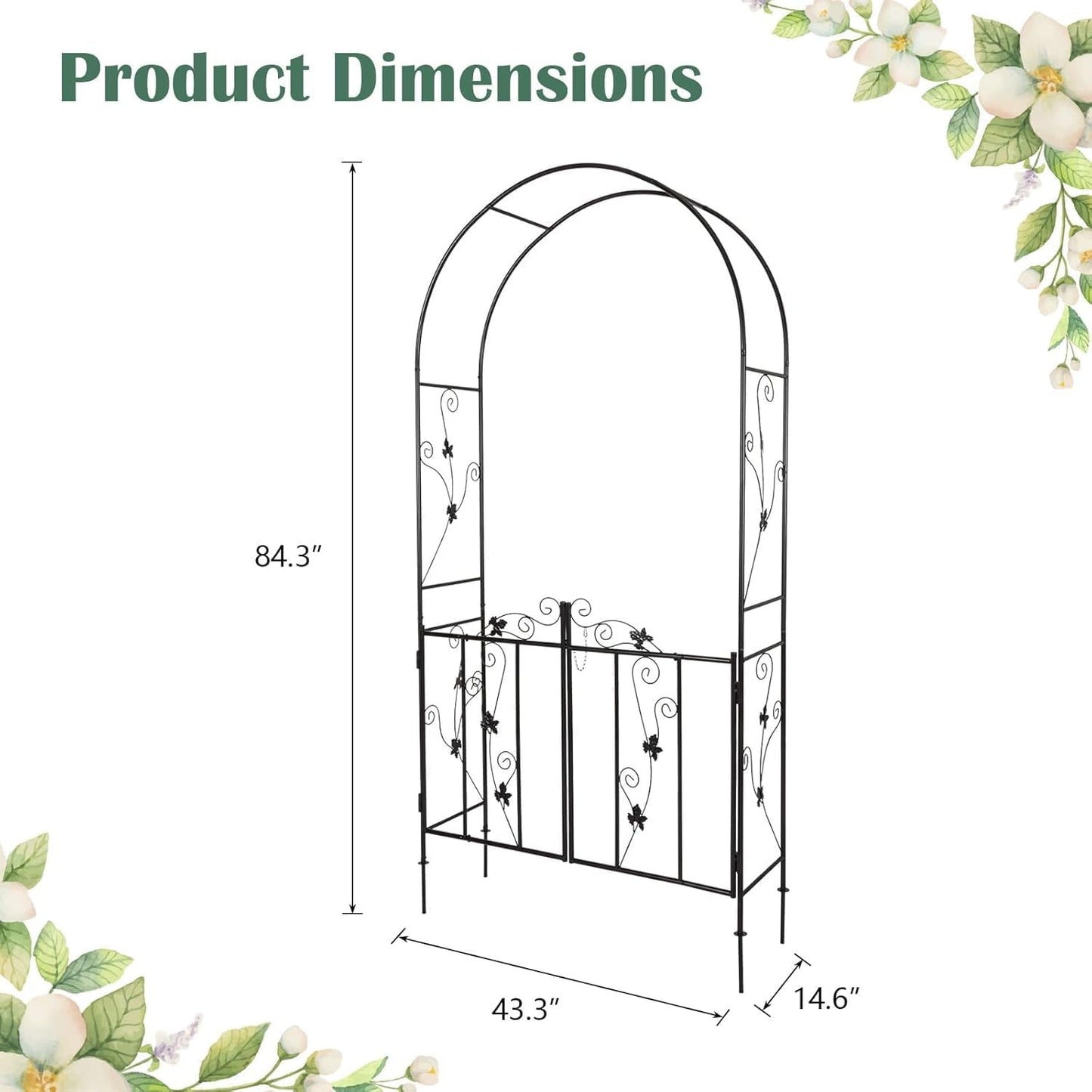 Outdoor Garden Arch - Metal Arbor Trellis with Gate, Wedding Backdrop Arch Arbor, Garden Entrance with Gate for Climbing Plants Roses Vines, Black