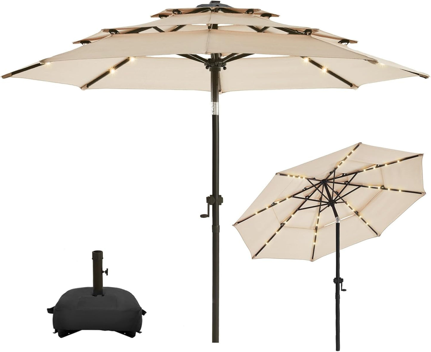 wikiwiki 10FT 3Tiers Solar LED Patio Umbrella with Base, Sturdy Outdoor Market Umbrella with Tilt, Crank and 32 LEDs for Terraces, Pool and Garden, Beige