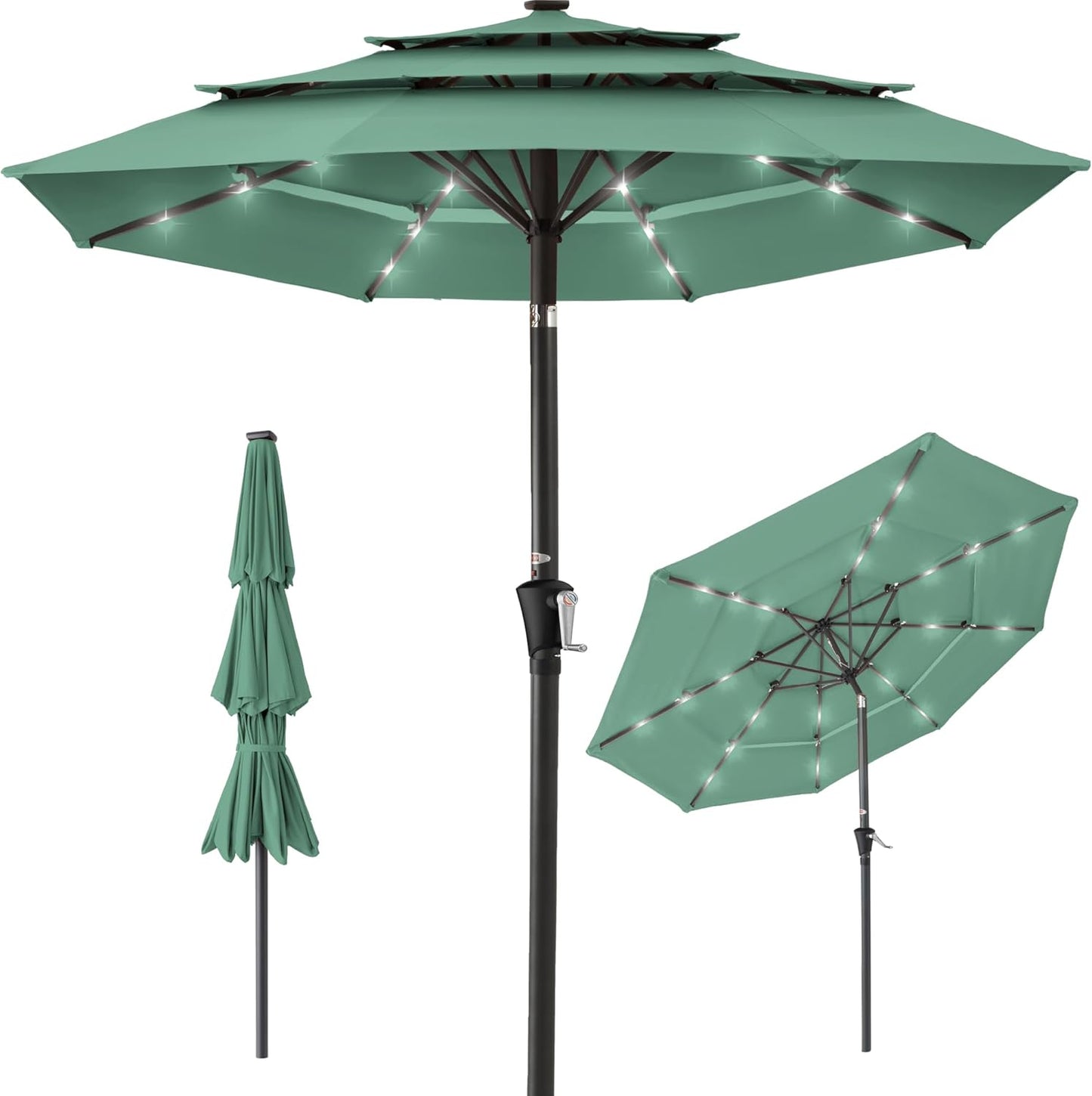 Best Choice Products 10ft 3-Tier Solar Patio Umbrella, Outdoor Market Sun Shade for Backyard, Deck, Poolside w/ 24 LED Lights, Tilt Adjustment, Easy Crank, 8 Ribs - Gray