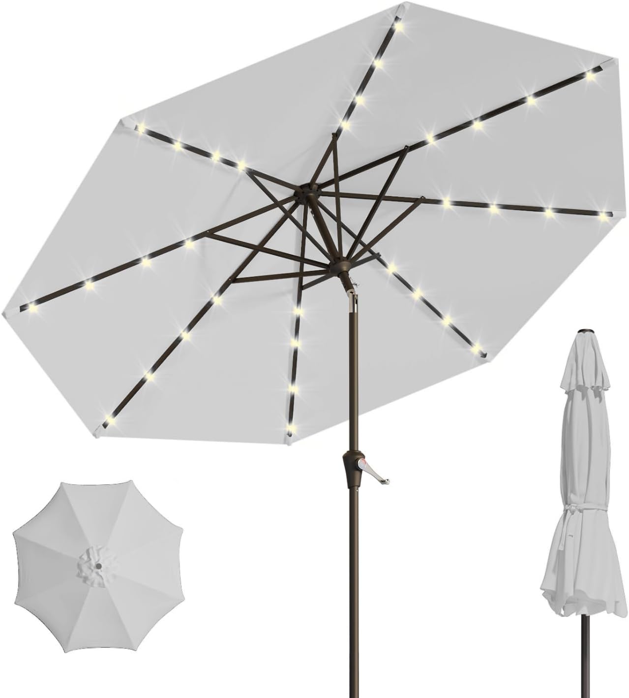 10FT Solar Umbrella 32 LED Lighted Patio Umbrella Table Market Umbrella w/Tilt and Crank, UV-Resistant Outdoor Umbrella for Pool, Garden, Deck, Beige