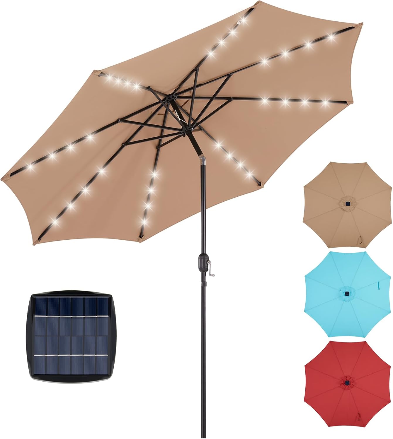 OLIXIS 10FT Solar Patio Umbrella with 32 LED Lights, Tilt, Crank Button, 8 Sturdy Ribs and Waterproof, Lighted Umbrellas for Poolside, Backyard, Terrace, Garden