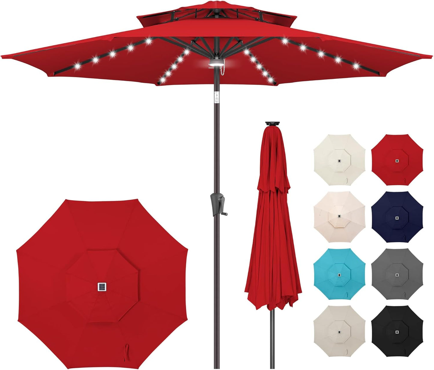 9ft Solar Umbrella Outdoor - Lighted Patio Umbrella with 40 LED Lights Waterprool Uv Protection, Table Umbrella with Tilt & Crank for Pool, Porch, Garden, Deck, Backyard(Red)