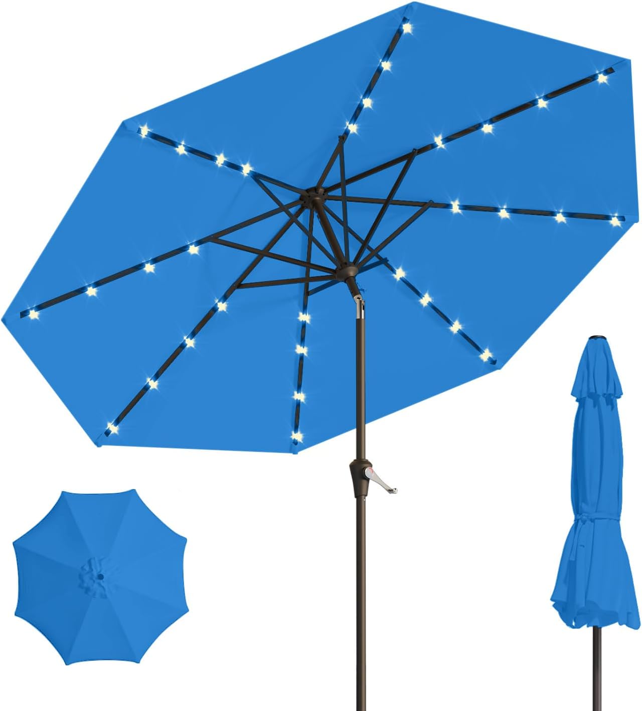 10FT Solar Umbrella 32 LED Lighted Patio Umbrella Table Market Umbrella w/Tilt and Crank, UV-Resistant Outdoor Umbrella for Pool, Garden, Deck, Beige
