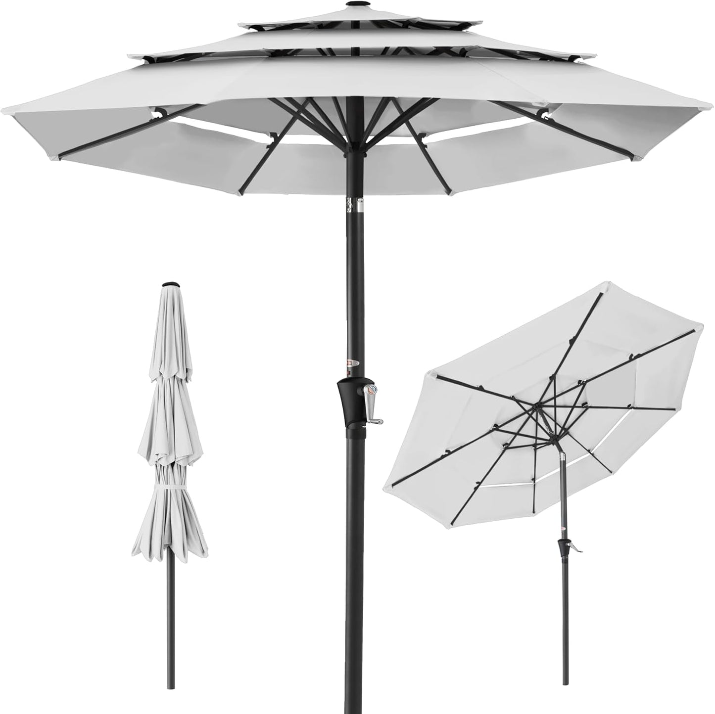 Best Choice Products 10ft 3-Tier Solar Patio Umbrella, Outdoor Market Sun Shade for Backyard, Deck, Poolside w/ 24 LED Lights, Tilt Adjustment, Easy Crank, 8 Ribs - Gray