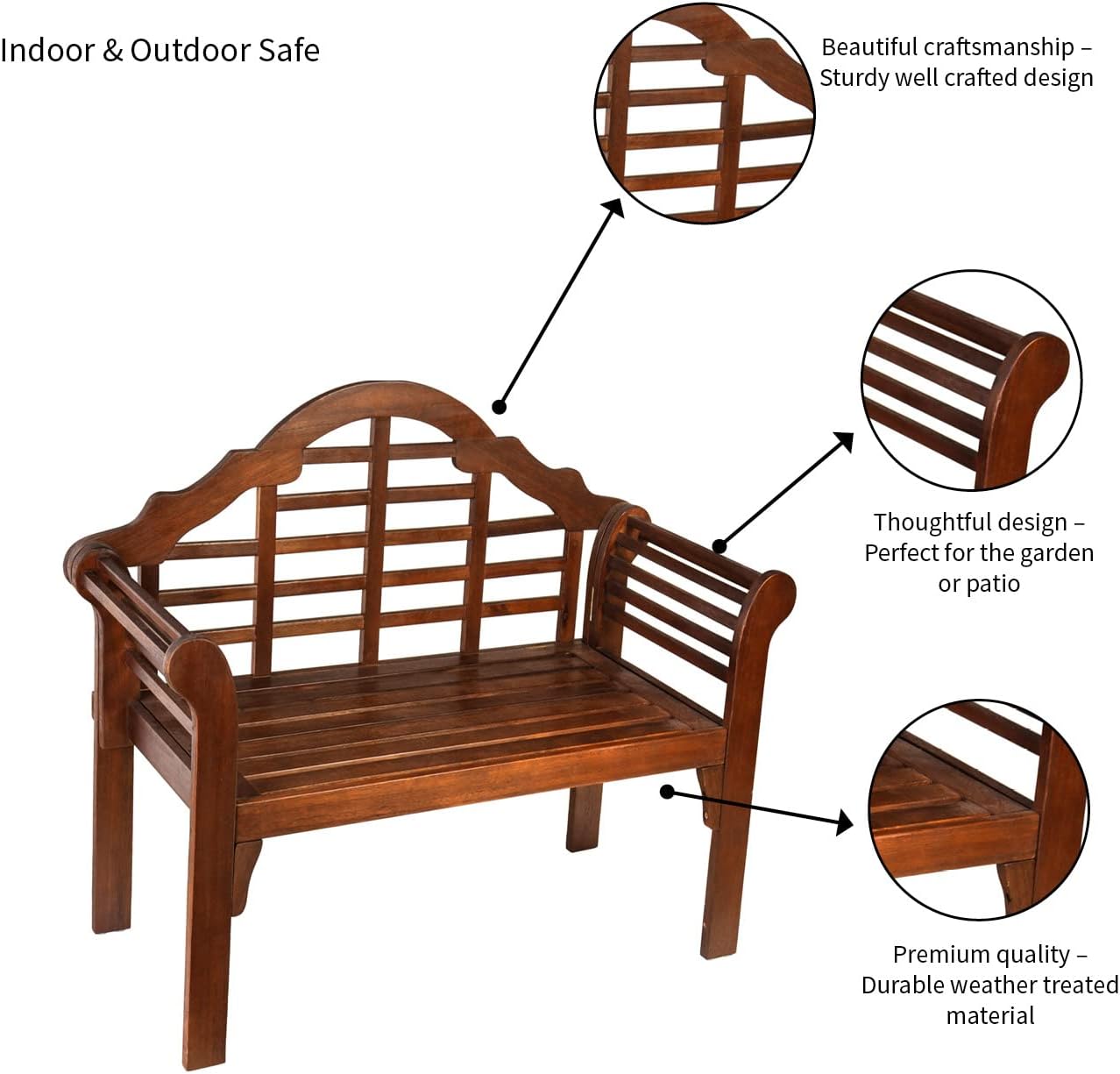 Plow & Hearth Weatherproof Lutyens Eucalyptus Wood Garden Bench | Foldable Patio Benches | Outdoor Furniture Seating for Porch Park Deck | Natural
