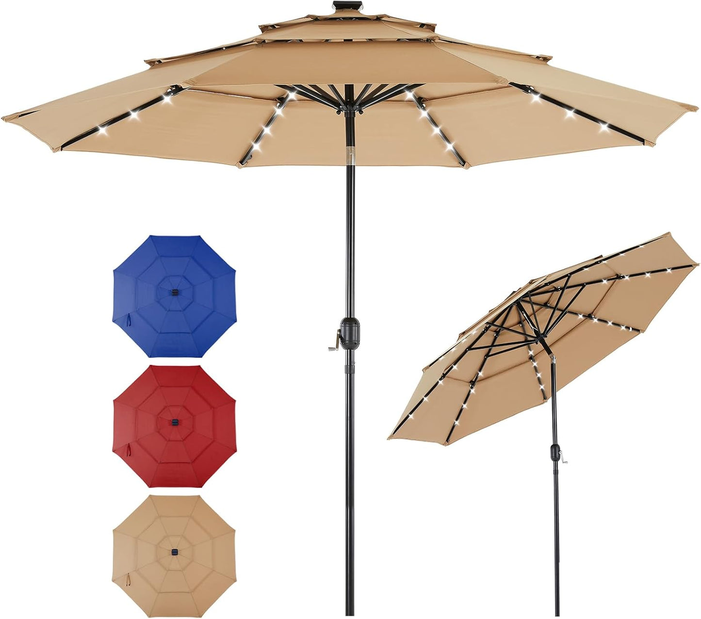 SMUG 10FT 3-Tier Solar Patio Umbrella with 32 LED Lights, Outdoor Umbrellas with Push Button Tilt and Crank, Tilting Table Umbrella with 8 Sturdy Ribs for Market, Beach, Pool, Garden, Deck, Backyard, Terrace, Restaurant, UV Protection, Red
