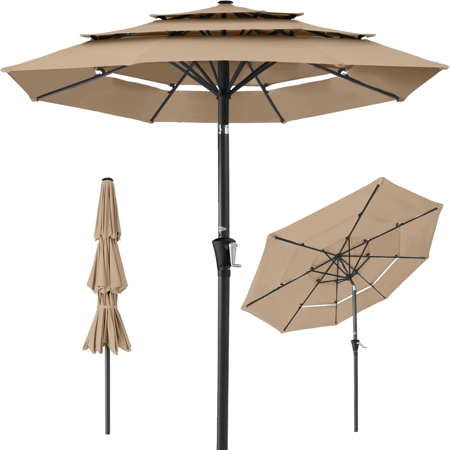 Best Choice Products 10ft 3-Tier Solar Patio Umbrella, Outdoor Market Sun Shade for Backyard, Deck, Poolside w/ 24 LED Lights, Tilt Adjustment, Easy Crank, 8 Ribs - Gray