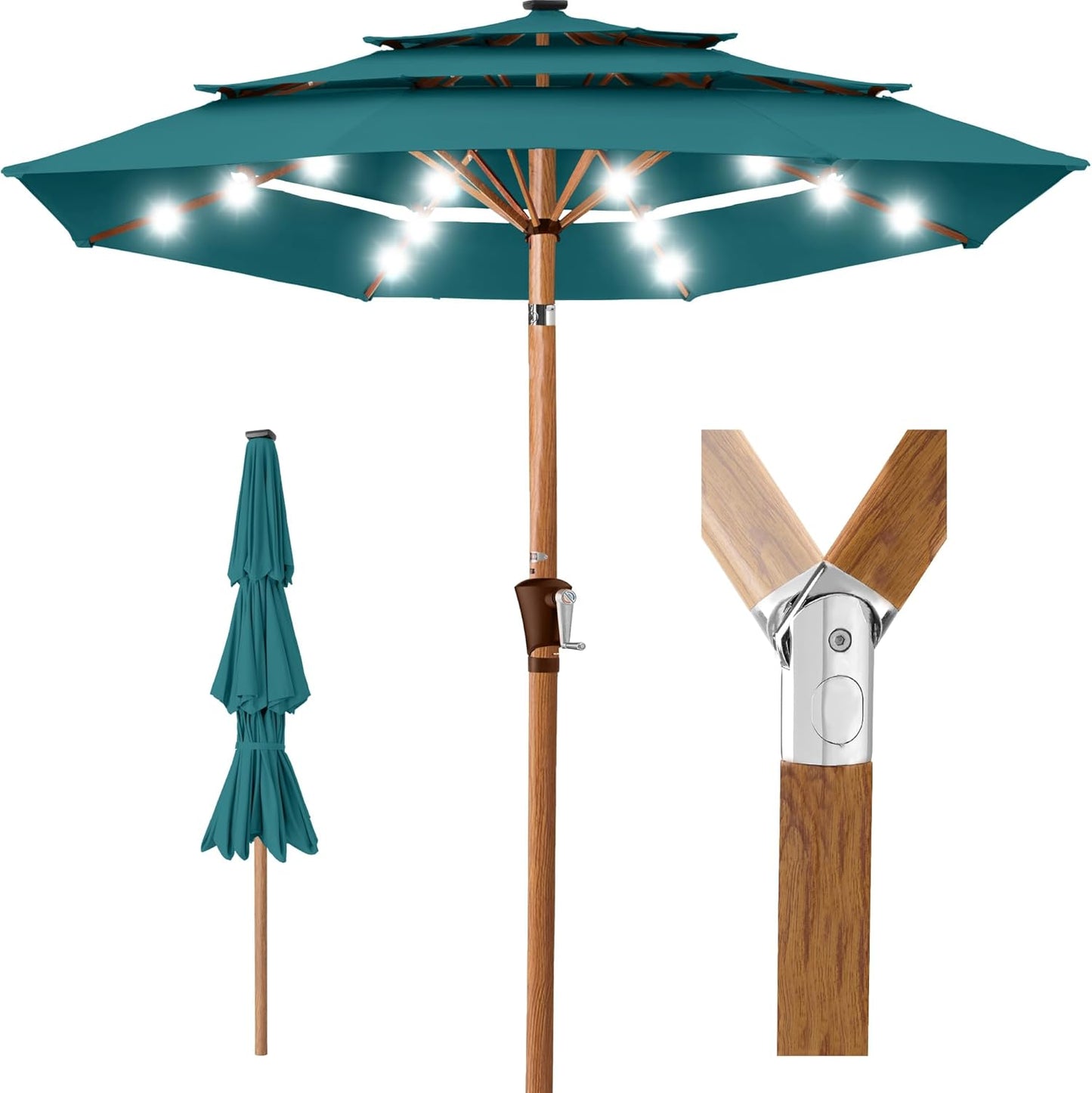 Best Choice Products 10ft 3-Tier Solar Patio Umbrella, Outdoor Market Sun Shade for Backyard, Deck, Poolside w/ 24 LED Lights, Tilt Adjustment, Easy Crank, 8 Ribs - Gray