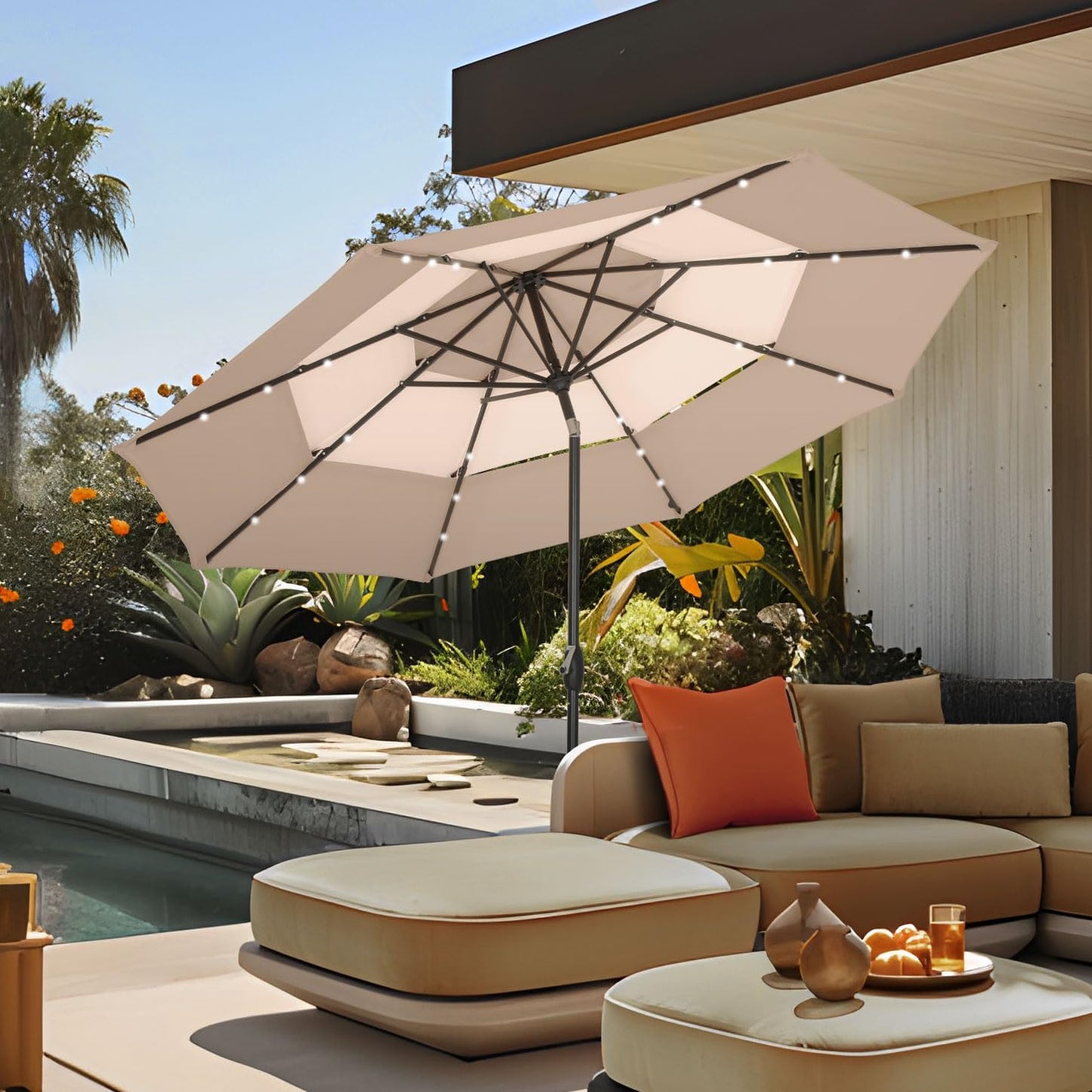 PHI VILLA 10ft Patio Umbrella with Solar Lights, Outdoor 3 Tier Vented Large Market Table Umbrella with 8 Sturdy Ribs and 1.5" Umbrellla Pole for Lawn Poolside Garden Terrace, Beige & Tan