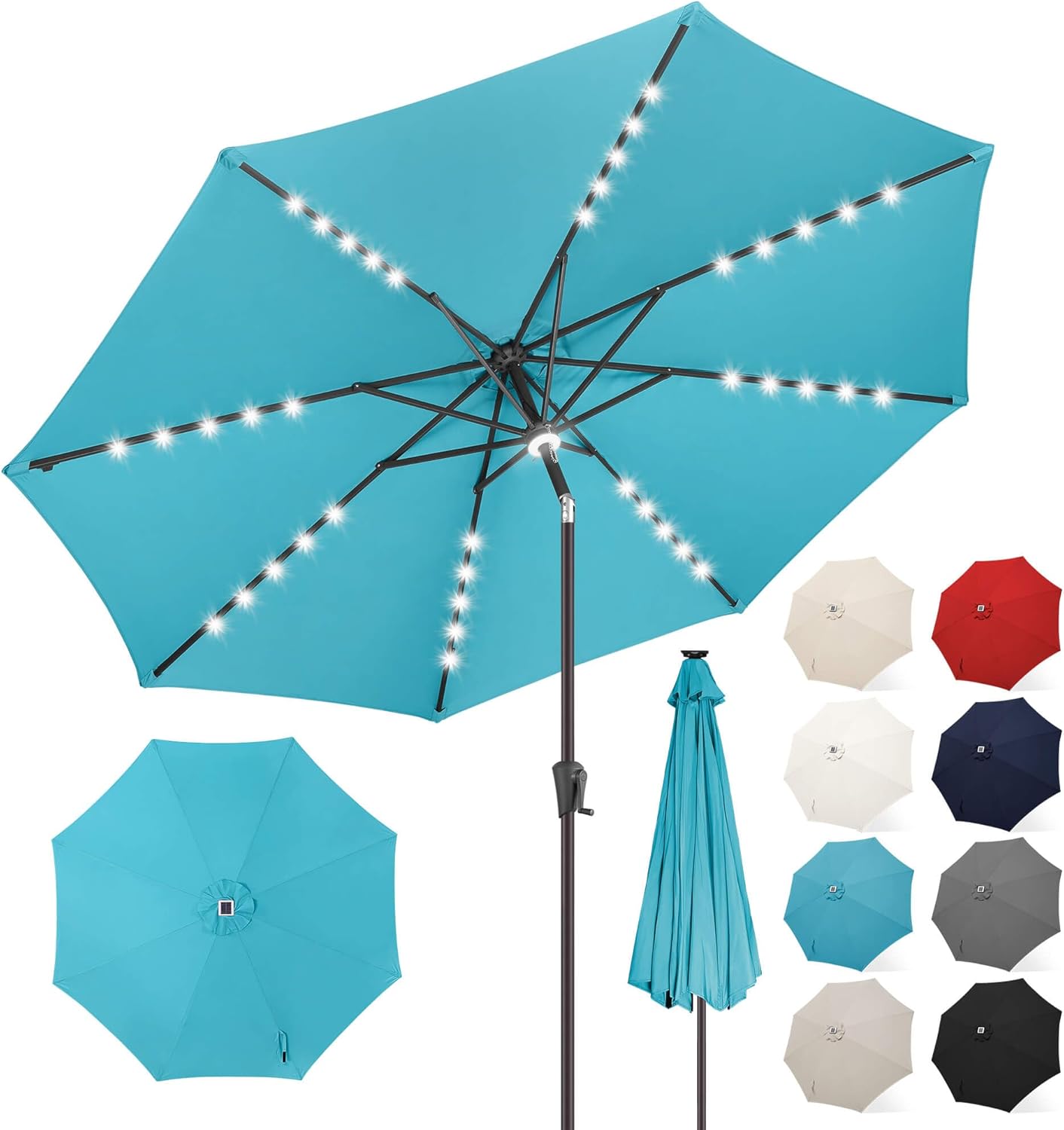 FLAME&SHADE 9 ft Patio Umbrella with Solar Lights, 40 LED Lighted Table Outdoor Umbrella for Deck, Pool, Porch, Backyard, Market, Garden, 8 Sturdy Ribs, UV Protection, Taupe