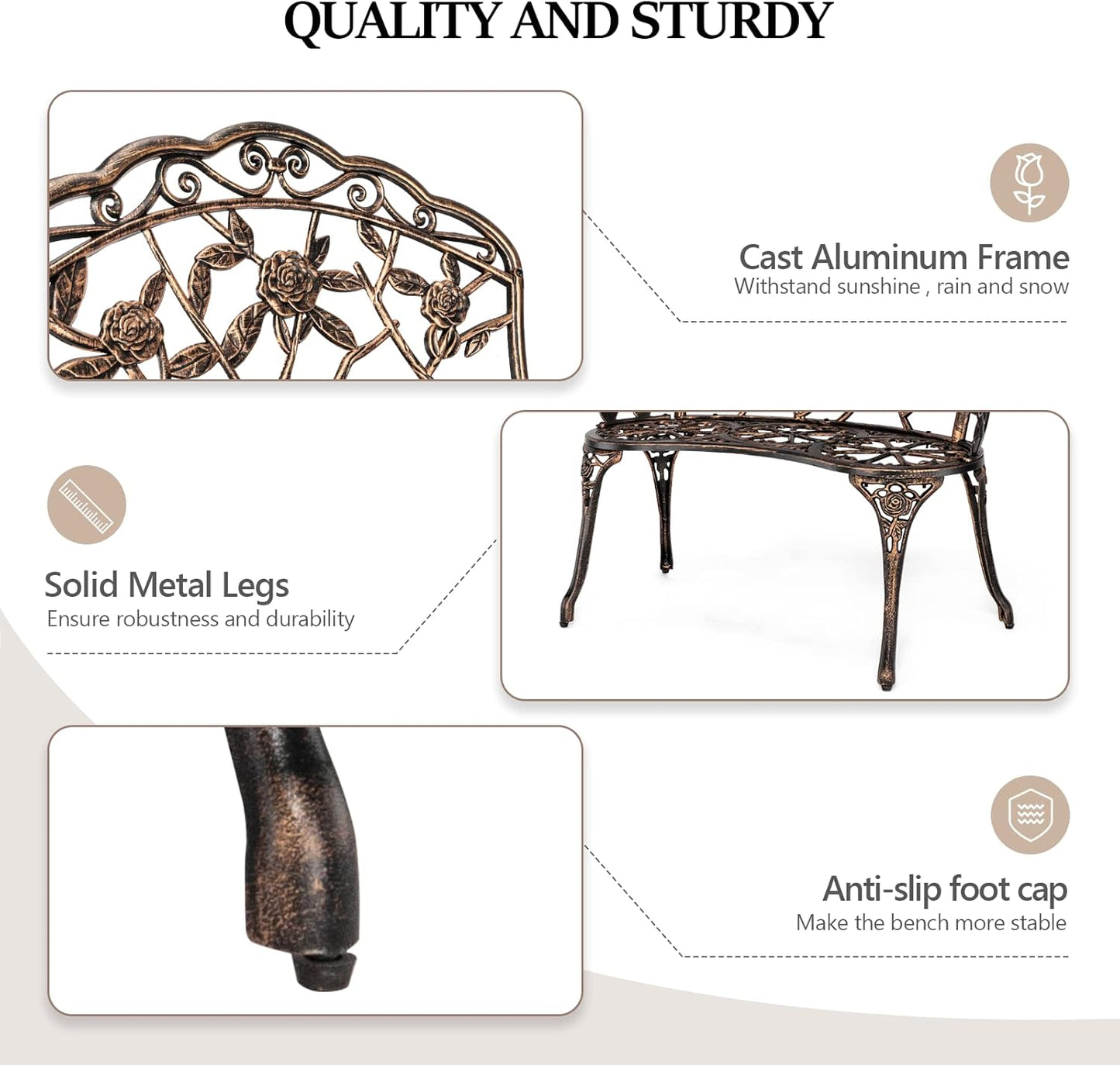 VINGLI 38.5" Patio Park Garden Outdoor Metal Rose Bench,Cast Iron Cast Aluminium Frame Antique Finish Chair,Accented Lawn Front Porch Path Yard Decor Deck Furniture for 2 Person Seat(Bronze