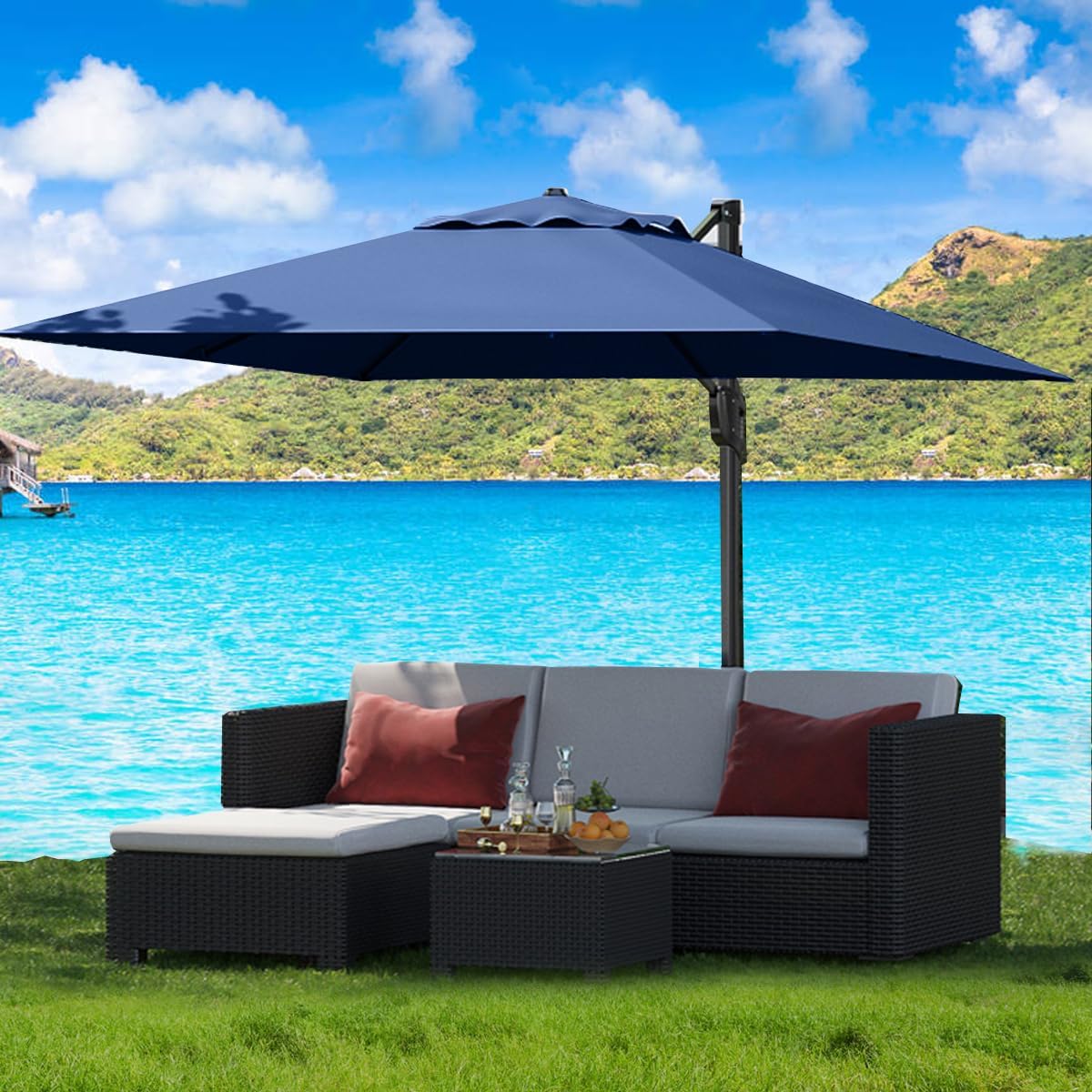 10' x 10' Heavy Duty Cantilever Patio Umbrella with Solar LED Lights & Weighted Base, 2-Tier Square Aluminum Offset Outdoor Umbrella with 360-Degree Rotation for Backyard, Deck, Pool, Tan
