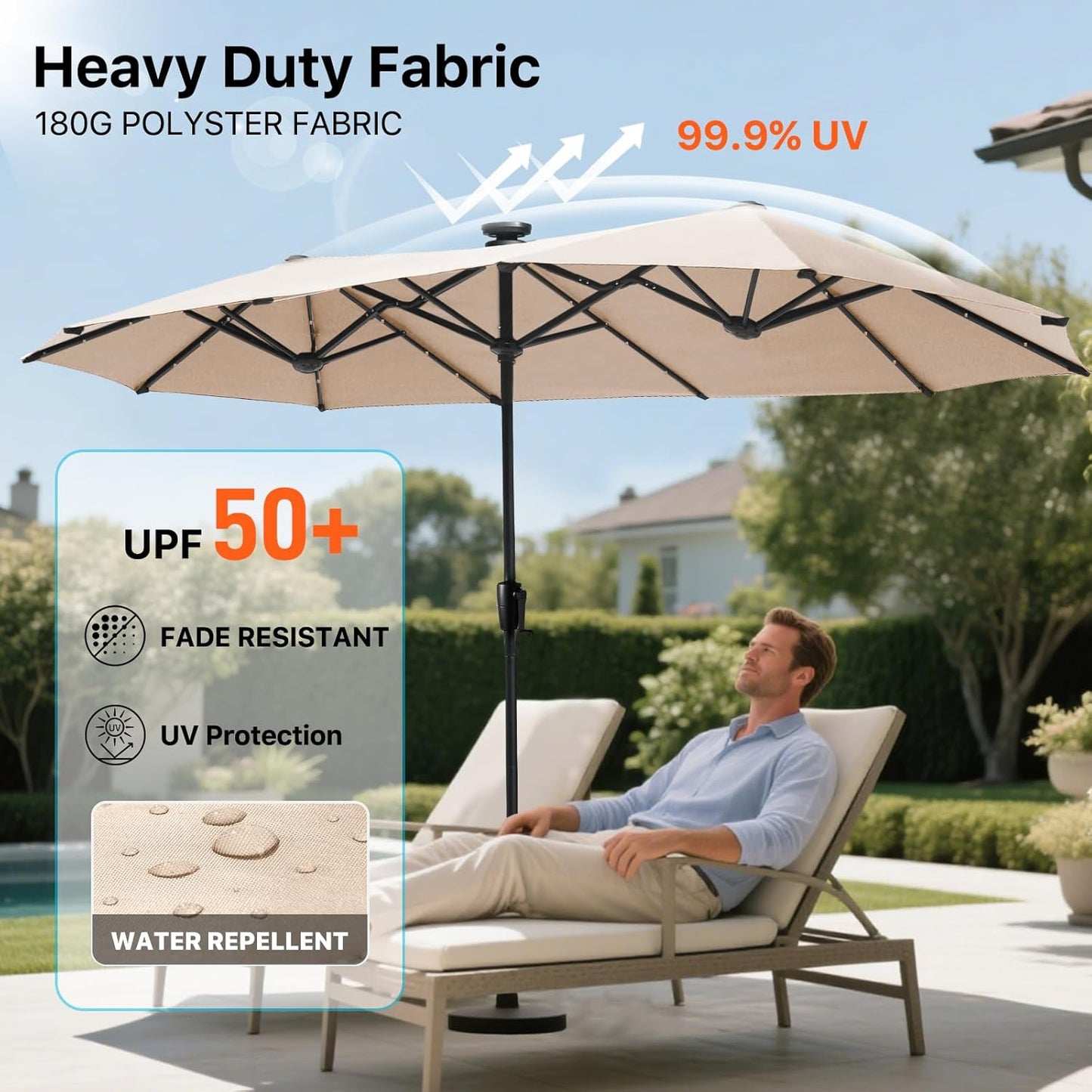 FREE SOLDIER 13ft Patio Umbrella with 36 LED Solar Lights Double Sided Outdoor Umbrella for Patio Table Umbrella with Solar lights for Garden Yard Pool (Beige)