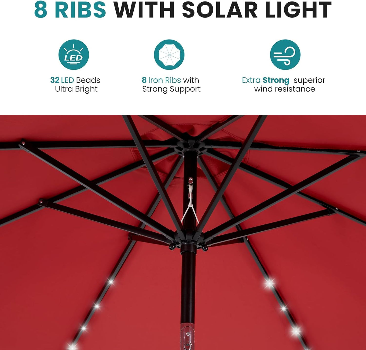 OLIXIS 10FT Solar Patio Umbrella with 32 LED Lights, Tilt and Crank Button, 8 Sturdy Ribs Waterproof, Patio Umbrellas Sun Shade for Poolside, Terrace, Beach and Outdoor Restaurant, Deep Red