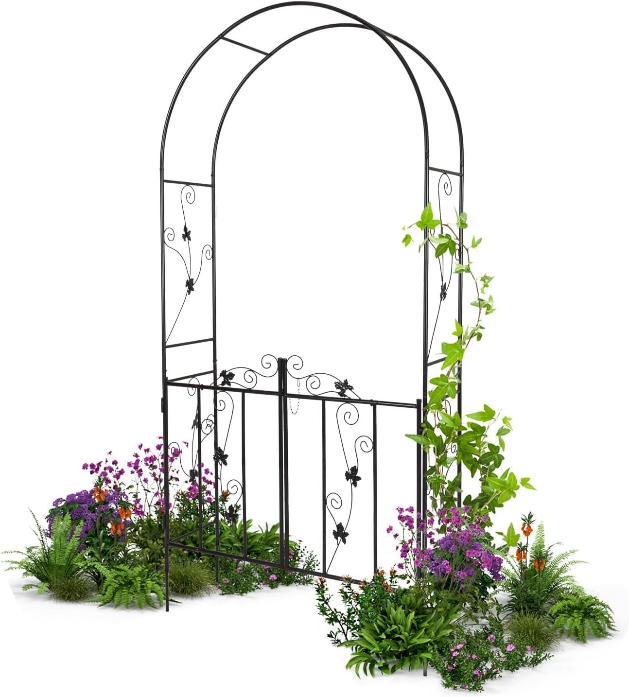 Outdoor Garden Arch - Metal Arbor Trellis with Gate, Wedding Backdrop Arch Arbor, Garden Entrance with Gate for Climbing Plants Roses Vines, Black
