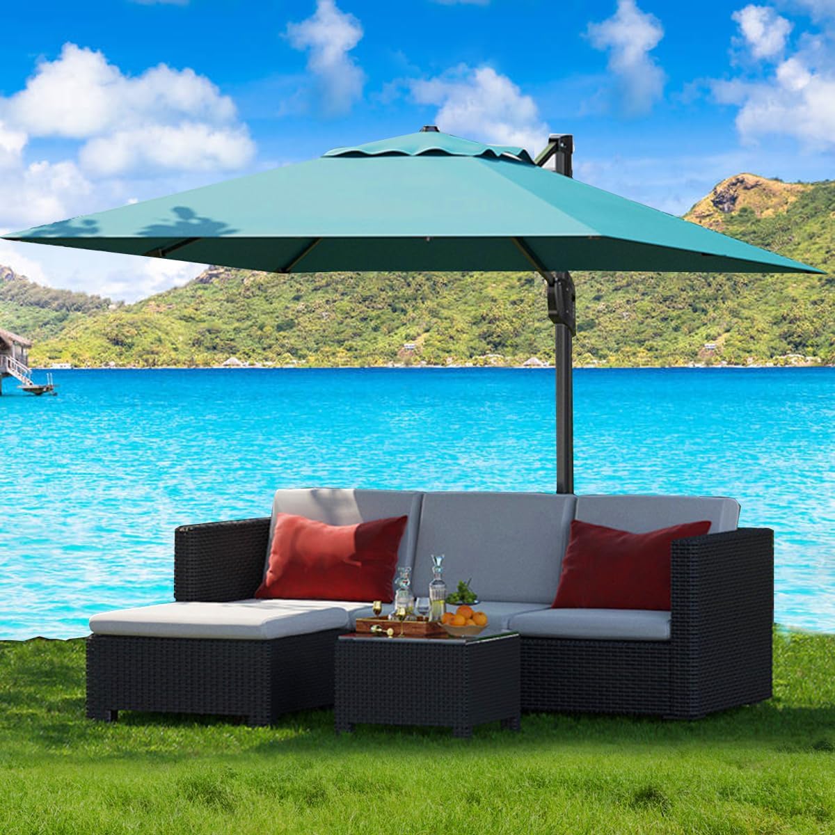 10' x 10' Heavy Duty Cantilever Patio Umbrella with Solar LED Lights & Weighted Base, 2-Tier Square Aluminum Offset Outdoor Umbrella with 360-Degree Rotation for Backyard, Deck, Pool, Tan