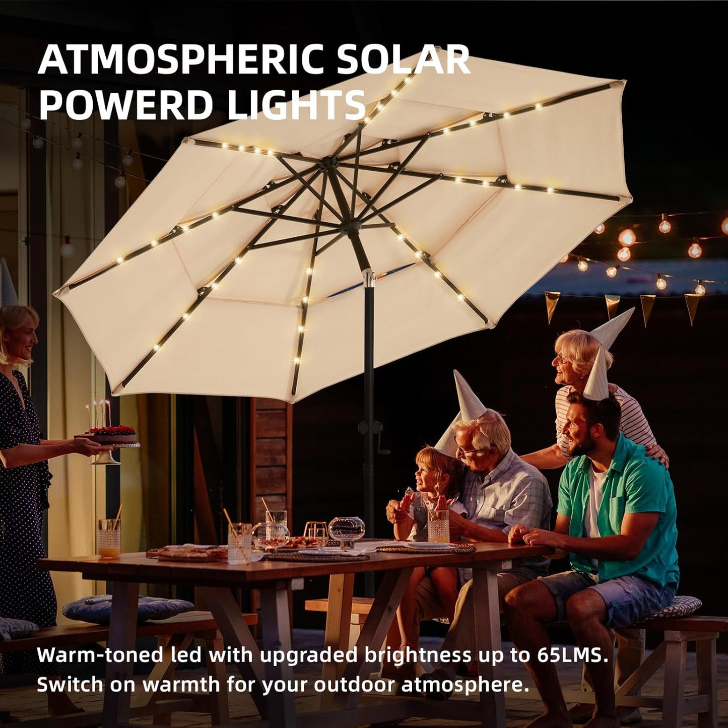 wikiwiki 10FT 3Tiers Solar LED Patio Umbrella with Base, Sturdy Outdoor Market Umbrella with Tilt, Crank and 32 LEDs for Terraces, Pool and Garden, Beige