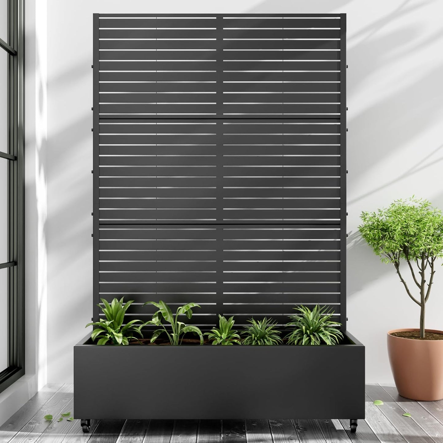 Casaphoria Metal Raised Garden Bed with Trellis and Wheels, 72"x47"x16" Arched Planter Box for Climbing Plants, Vegetables & Vines, Features Drainage Holes and Privacy Screen (Black-Fence)