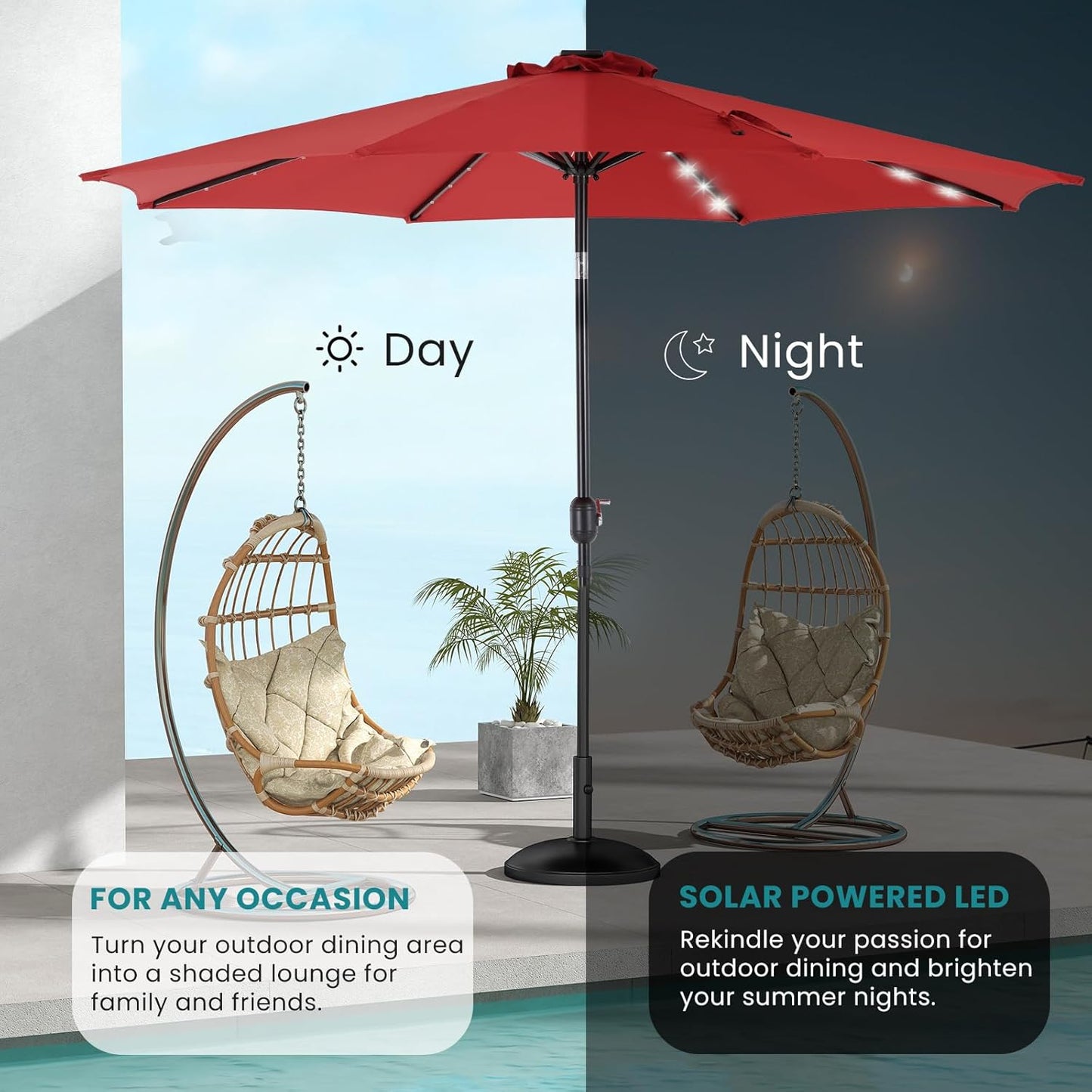 OLIXIS 10FT Solar Patio Umbrella with 32 LED Lights, Tilt and Crank Button, 8 Sturdy Ribs Waterproof, Patio Umbrellas Sun Shade for Poolside, Terrace, Beach and Outdoor Restaurant, Deep Red