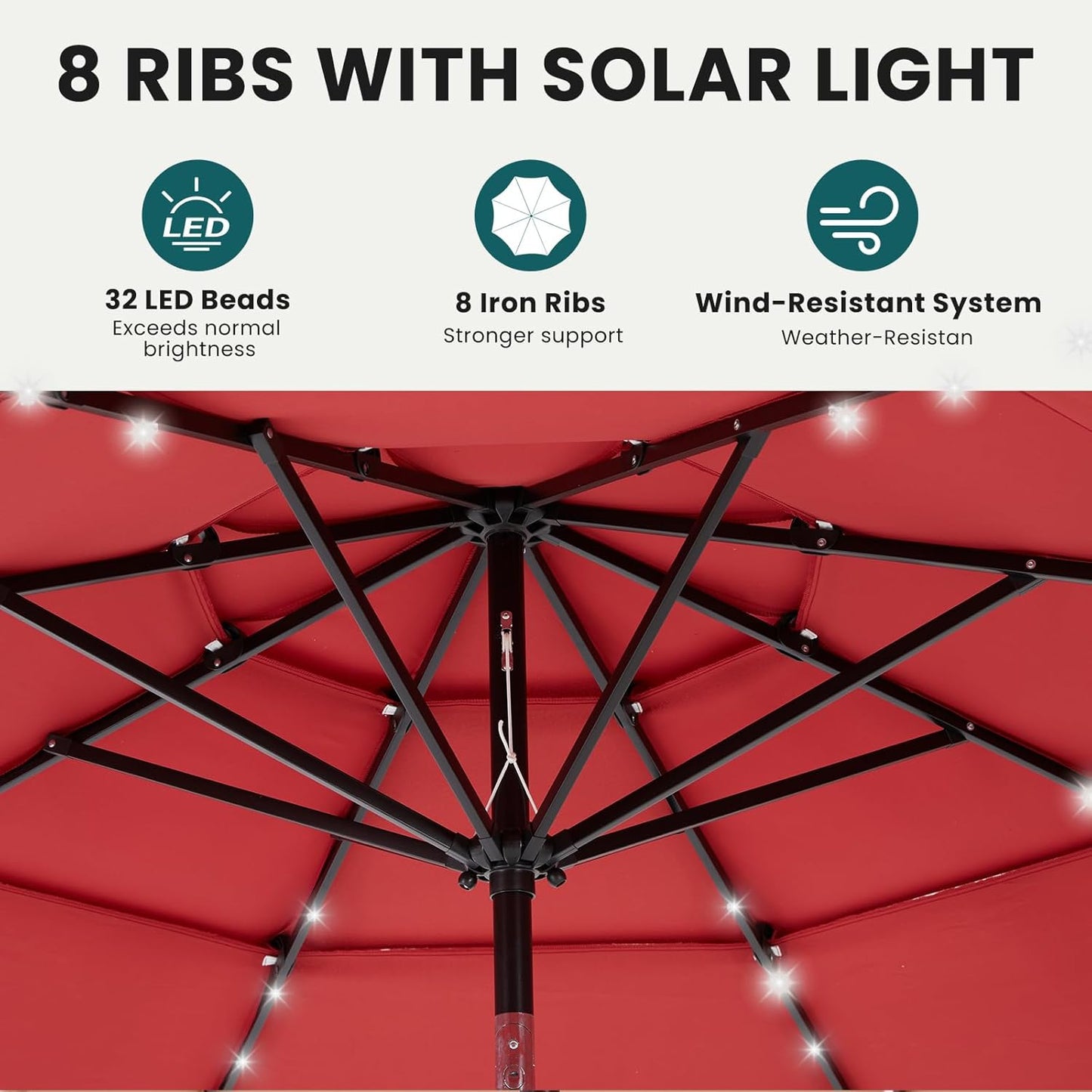 SMUG 10FT 3-Tier Solar Patio Umbrella with 32 LED Lights, Outdoor Umbrellas with Push Button Tilt and Crank, Tilting Table Umbrella with 8 Sturdy Ribs for Market, Beach, Pool, Garden, Deck, Backyard, Terrace, Restaurant, UV Protection, Red
