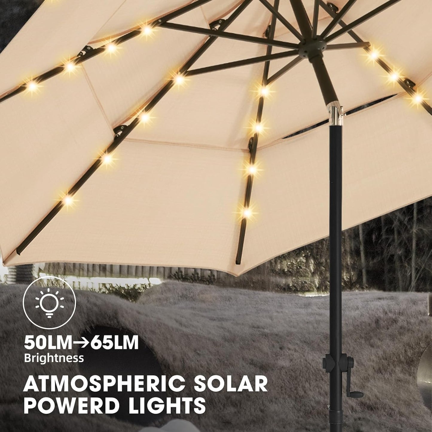 wikiwiki 9FT 3Tiers Solar Led Patio Umbrella, Sturdy Outdoor Market Umbrella for Deck, Pool, Garden w/Tilt, Crank, 32 LED Lights, Beige