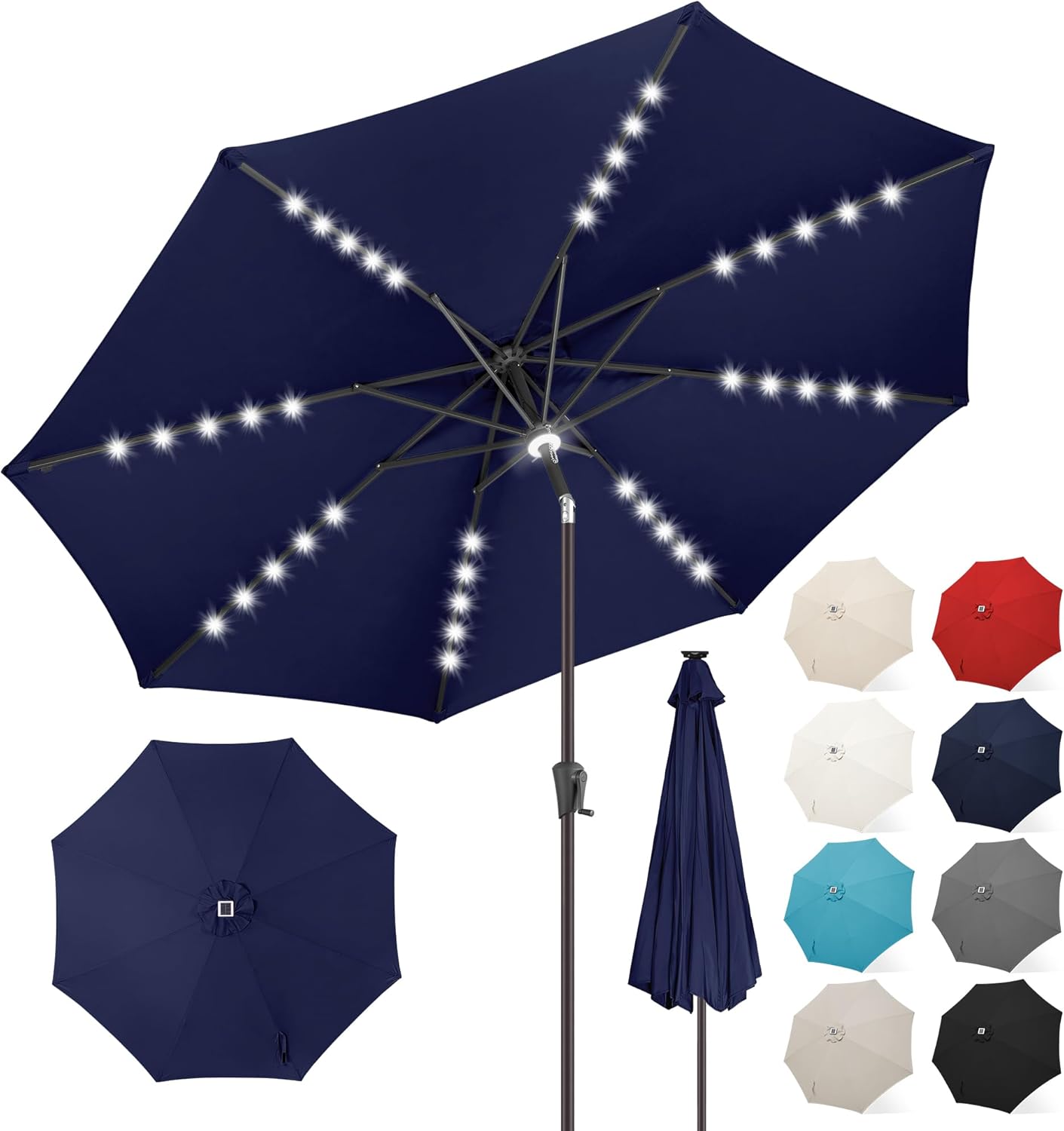 FLAME&SHADE 9 ft Patio Umbrella with Solar Lights, 40 LED Lighted Table Outdoor Umbrella for Deck, Pool, Porch, Backyard, Market, Garden, 8 Sturdy Ribs, UV Protection, Taupe