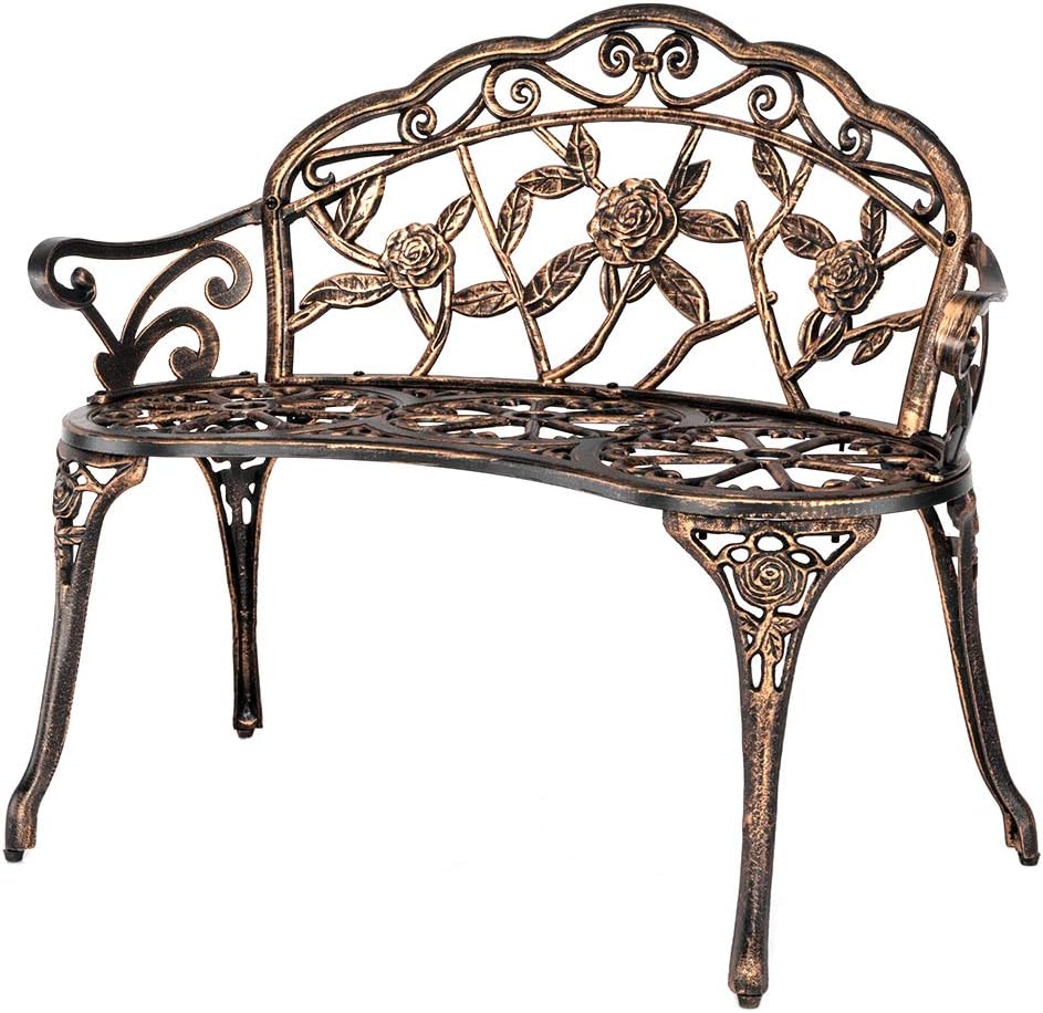 VINGLI 38.5" Patio Park Garden Outdoor Metal Rose Bench,Cast Iron Cast Aluminium Frame Antique Finish Chair,Accented Lawn Front Porch Path Yard Decor Deck Furniture for 2 Person Seat(Bronze