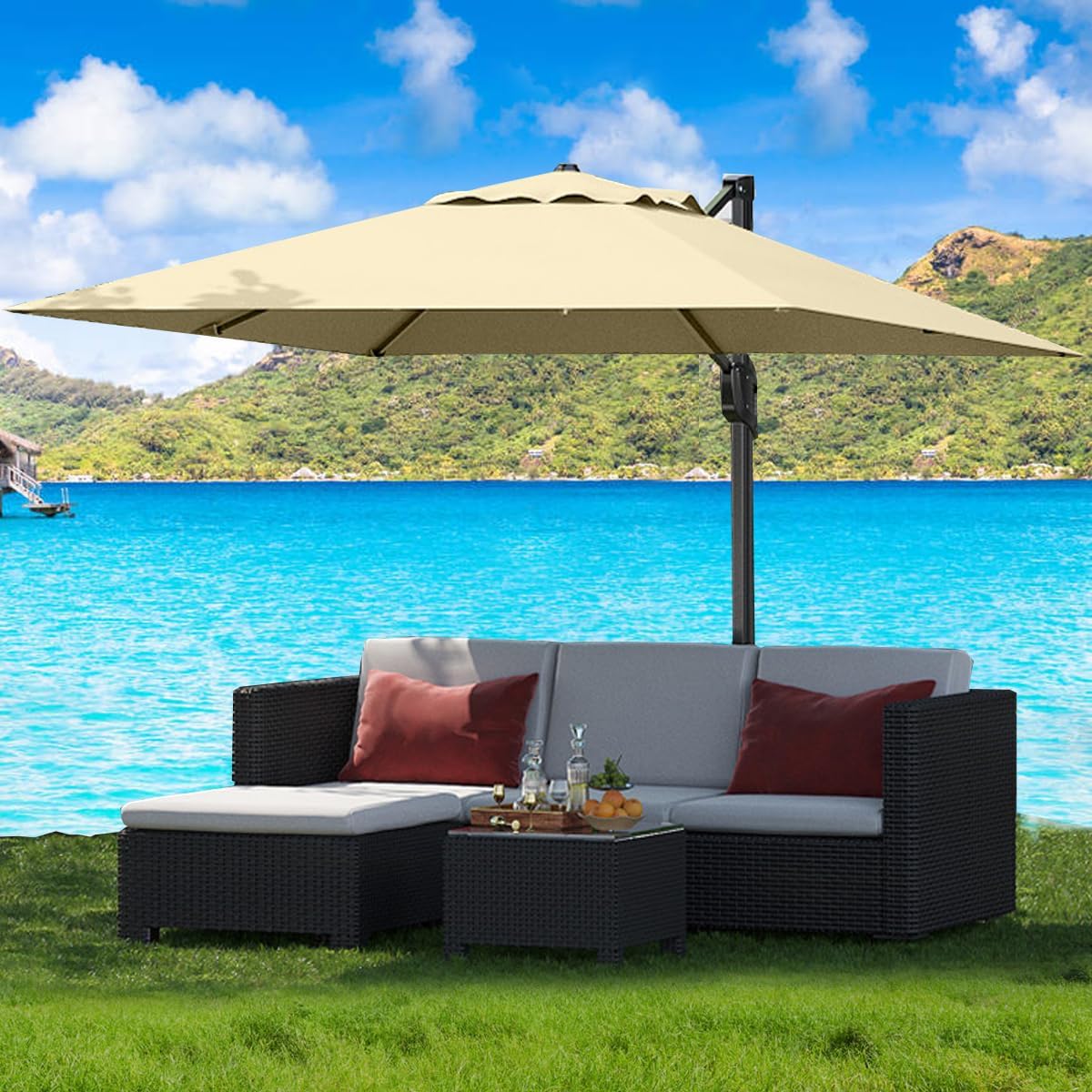 10' x 10' Heavy Duty Cantilever Patio Umbrella with Solar LED Lights & Weighted Base, 2-Tier Square Aluminum Offset Outdoor Umbrella with 360-Degree Rotation for Backyard, Deck, Pool, Tan