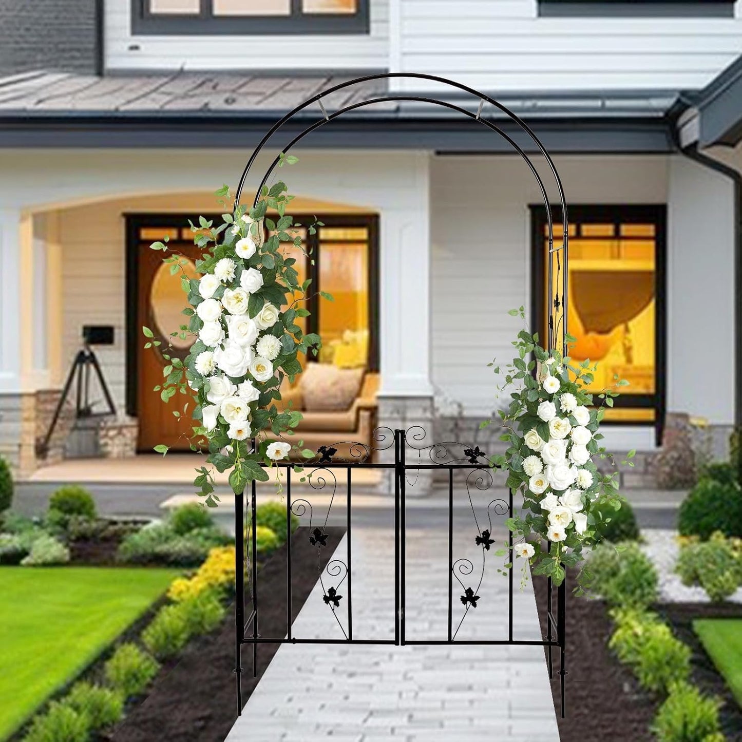 Outdoor Garden Arch - Metal Arbor Trellis with Gate, Wedding Backdrop Arch Arbor, Garden Entrance with Gate for Climbing Plants Roses Vines, Black