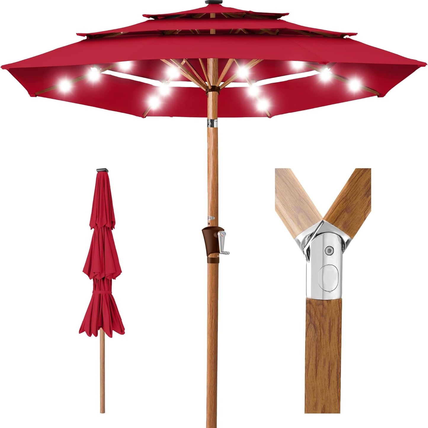 Best Choice Products 10ft 3-Tier Solar Patio Umbrella, Outdoor Market Sun Shade for Backyard, Deck, Poolside w/ 24 LED Lights, Tilt Adjustment, Easy Crank, 8 Ribs - Gray