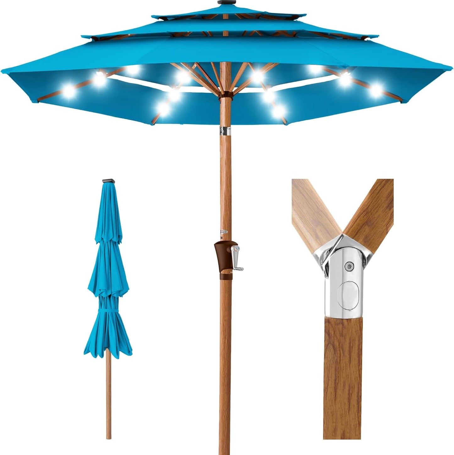 Best Choice Products 10ft 3-Tier Solar Patio Umbrella, Outdoor Market Sun Shade for Backyard, Deck, Poolside w/ 24 LED Lights, Tilt Adjustment, Easy Crank, 8 Ribs - Gray