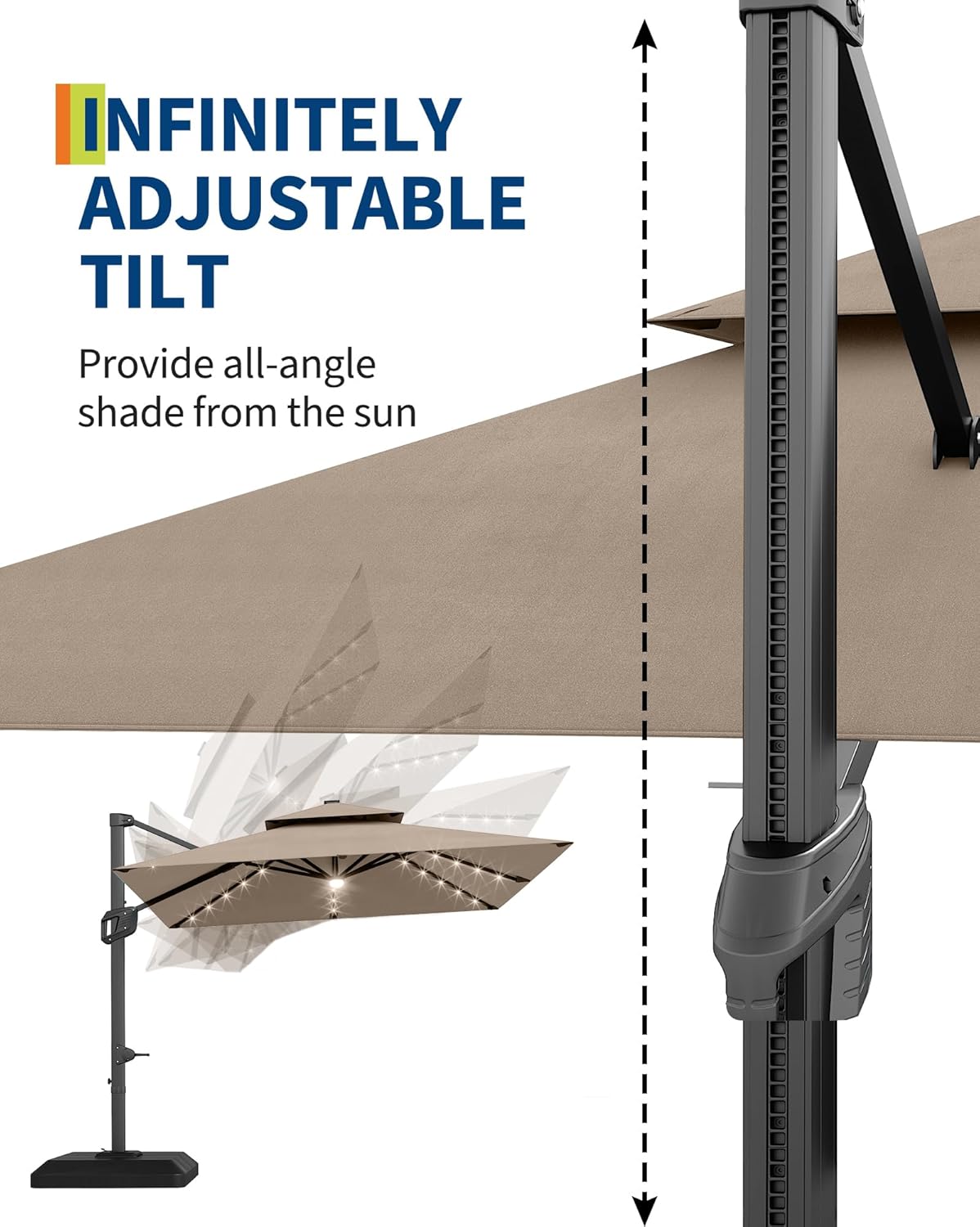 10' x 10' Heavy Duty Cantilever Patio Umbrella with Solar LED Lights & Weighted Base, 2-Tier Square Aluminum Offset Outdoor Umbrella with 360-Degree Rotation for Backyard, Deck, Pool, Tan
