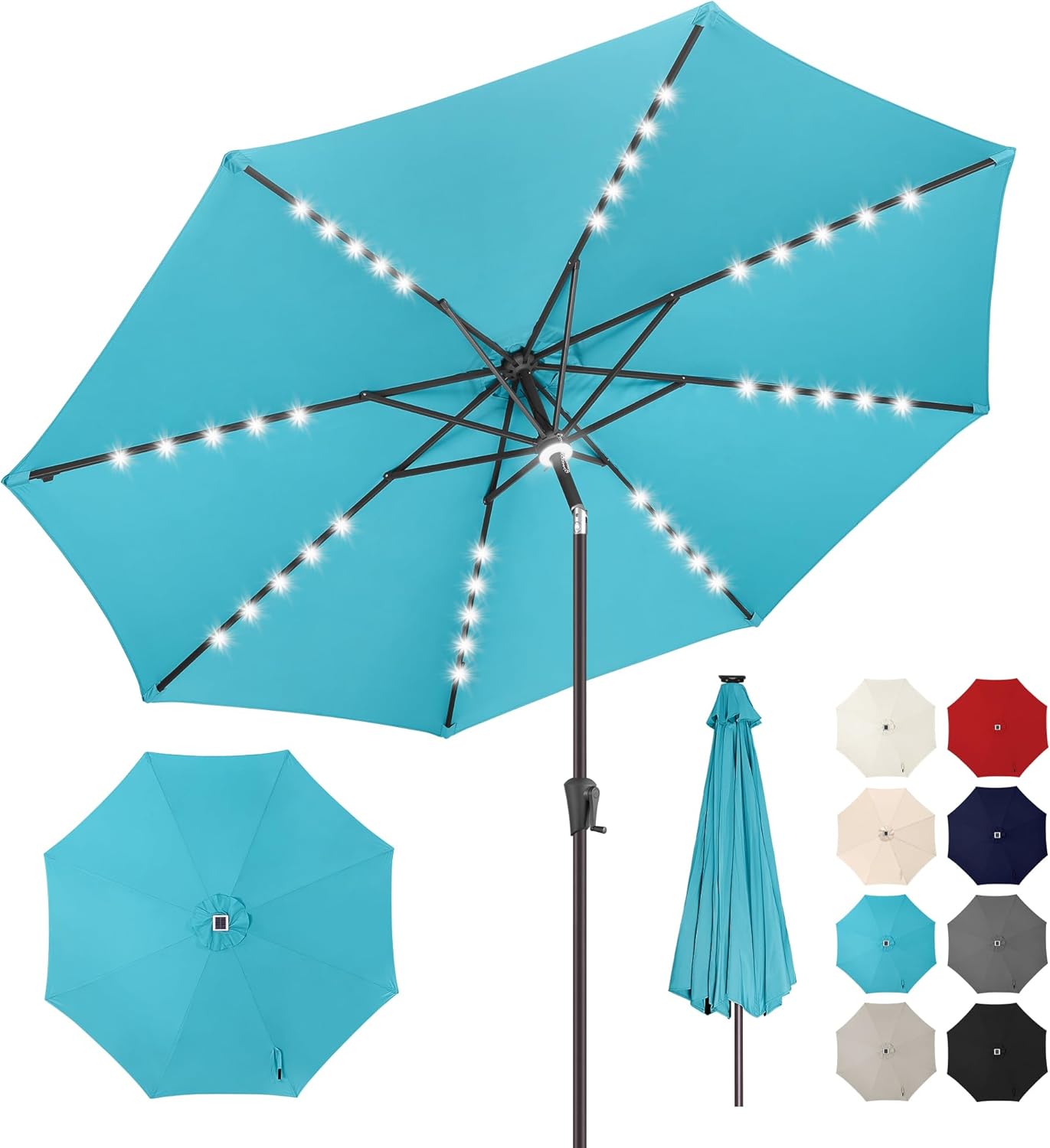 9ft Solar Umbrella Outdoor - Lighted Patio Umbrella with 40 LED Lights Waterprool Uv Protection, Table Umbrella with Tilt & Crank for Pool, Porch, Garden, Deck, Backyard(Red)